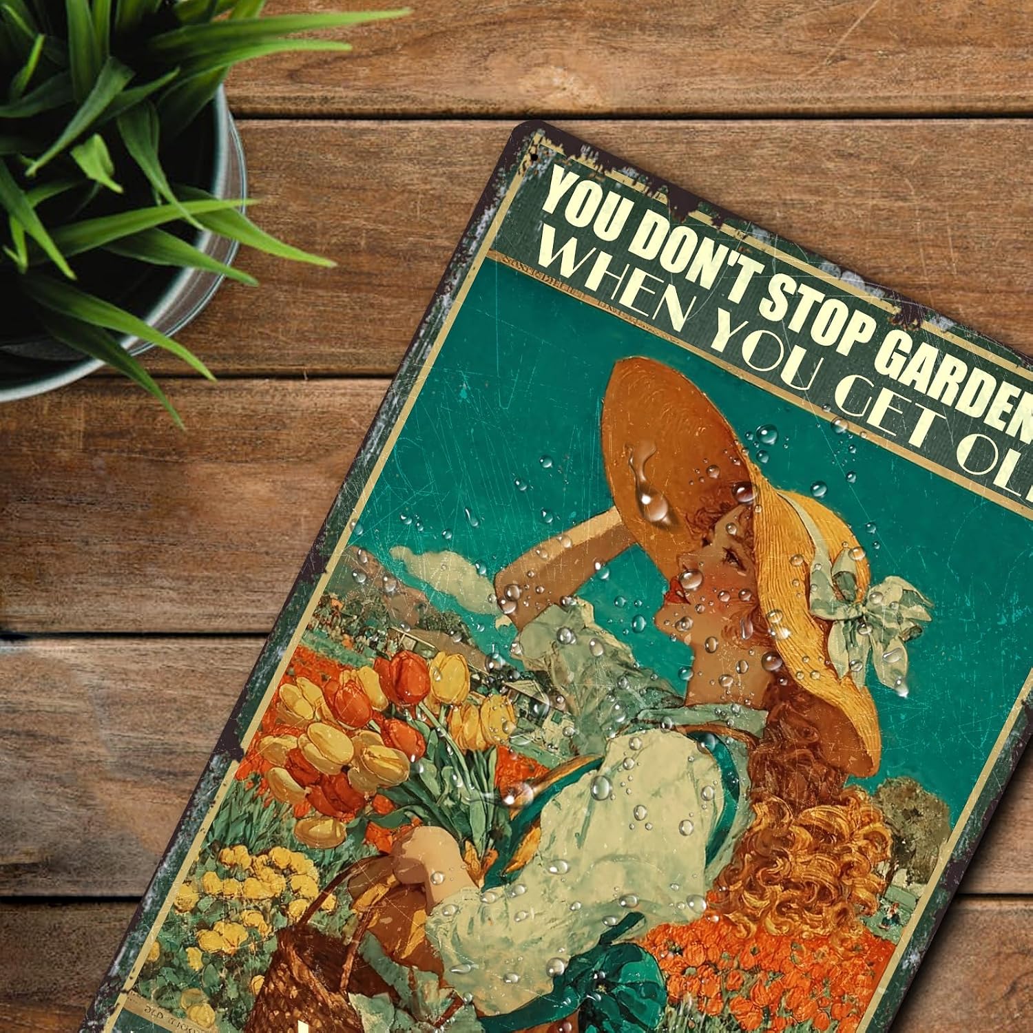 Garden Vintage Sign "You Don't Stop Gardening When You Get Old Metal Tin Sign Garden Signs Tulip Girl For Home Outside Farm living room vintage tin sgin wall decor (20cm*30cm) (6) image 4