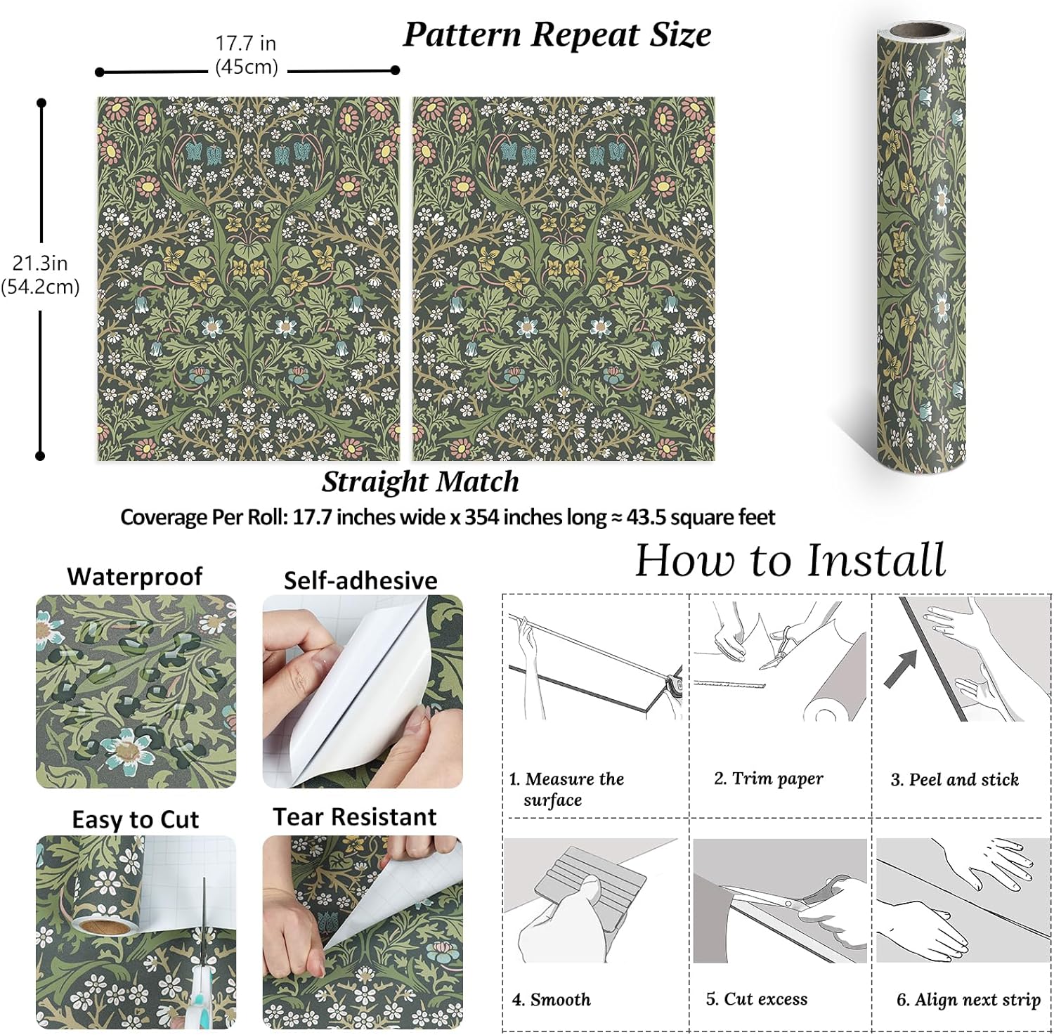 VEELIKE Victorian Meadow Floral Peel and Stick Wallpaper Vintage Blackthorn William Morris Wallpaper 17.7''x354'' Self Adhesive Renter Friendly Botanical Wall Paper for Bedroom Bathroom Accent Walls