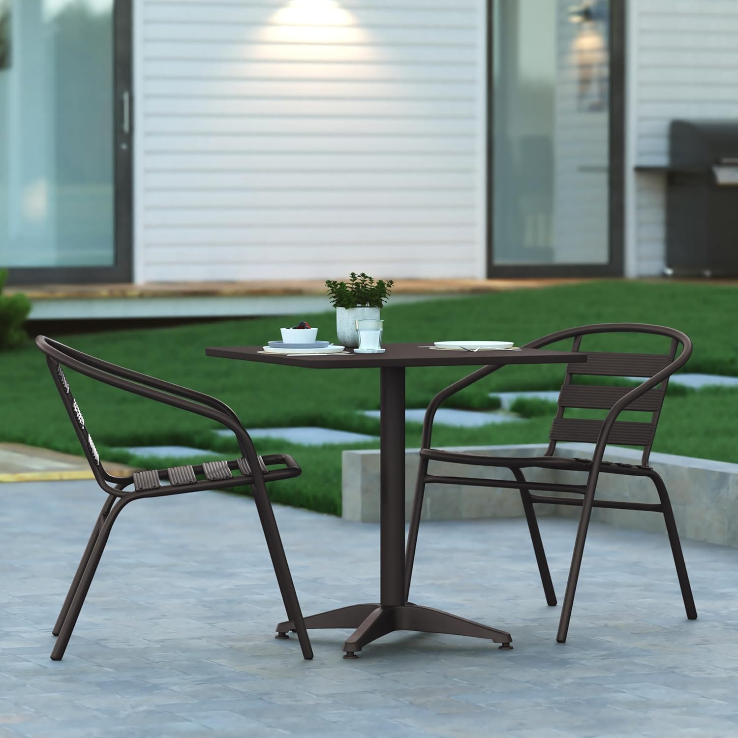 EMMA + OLIVER Rhea 23.5" Square Glass Metal Table with 2 Slat Back Chairs - Black - 3 Piece Patio Set - All-Weather for Indoor/Outdoor Use