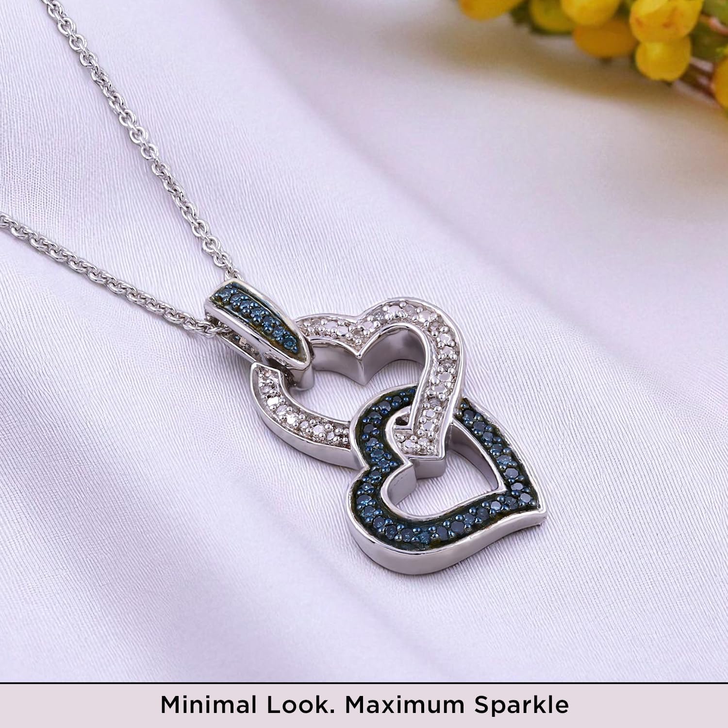 Jewelili Double Heart Necklace Pendant with Treated Blue or Black and Natural White Round Diamonds in Sterling Silver 1/6 CTTW 18 inch Cable Chain