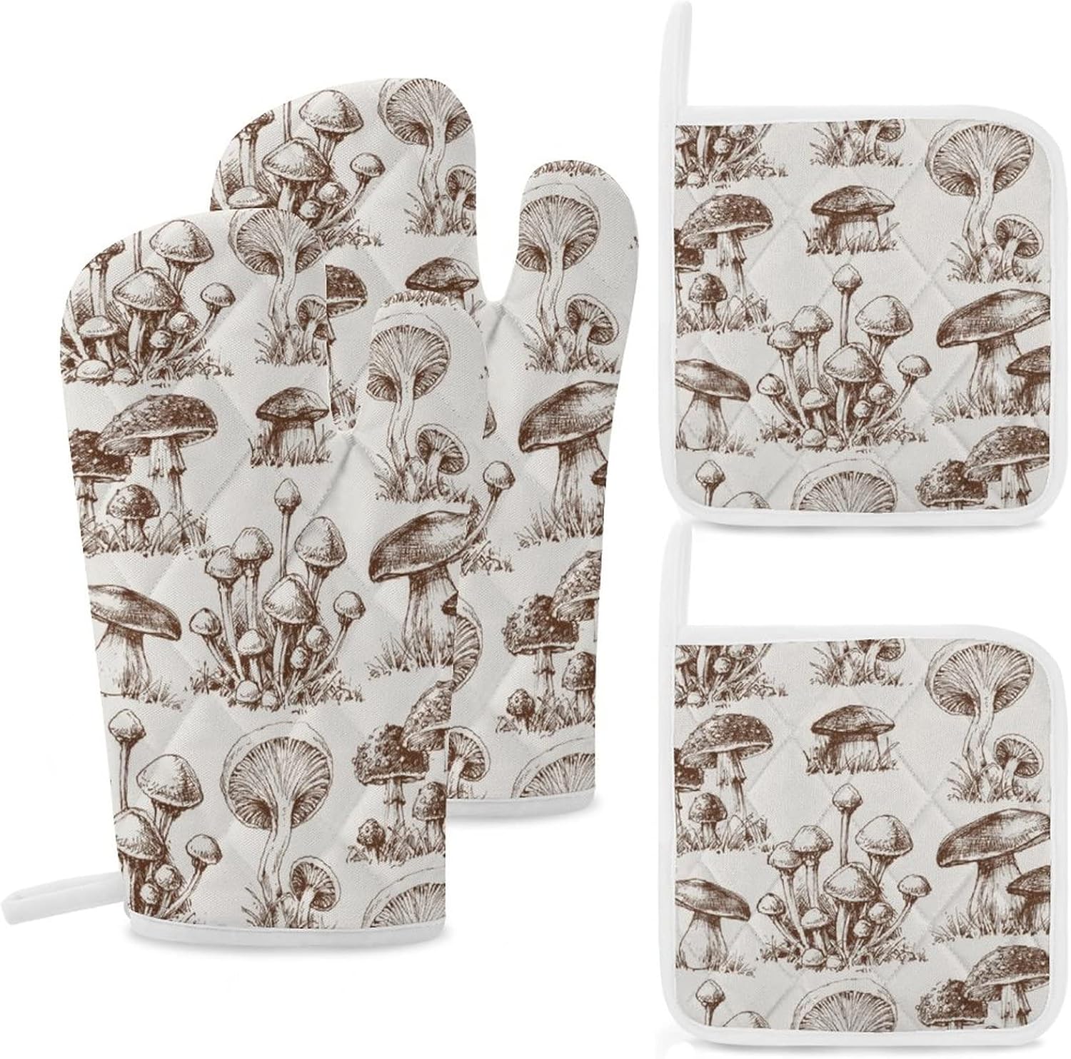 Vintage Mushroom Retro Brown Oven Mitts and Pot Holders Sets of 4 Heat Resistant