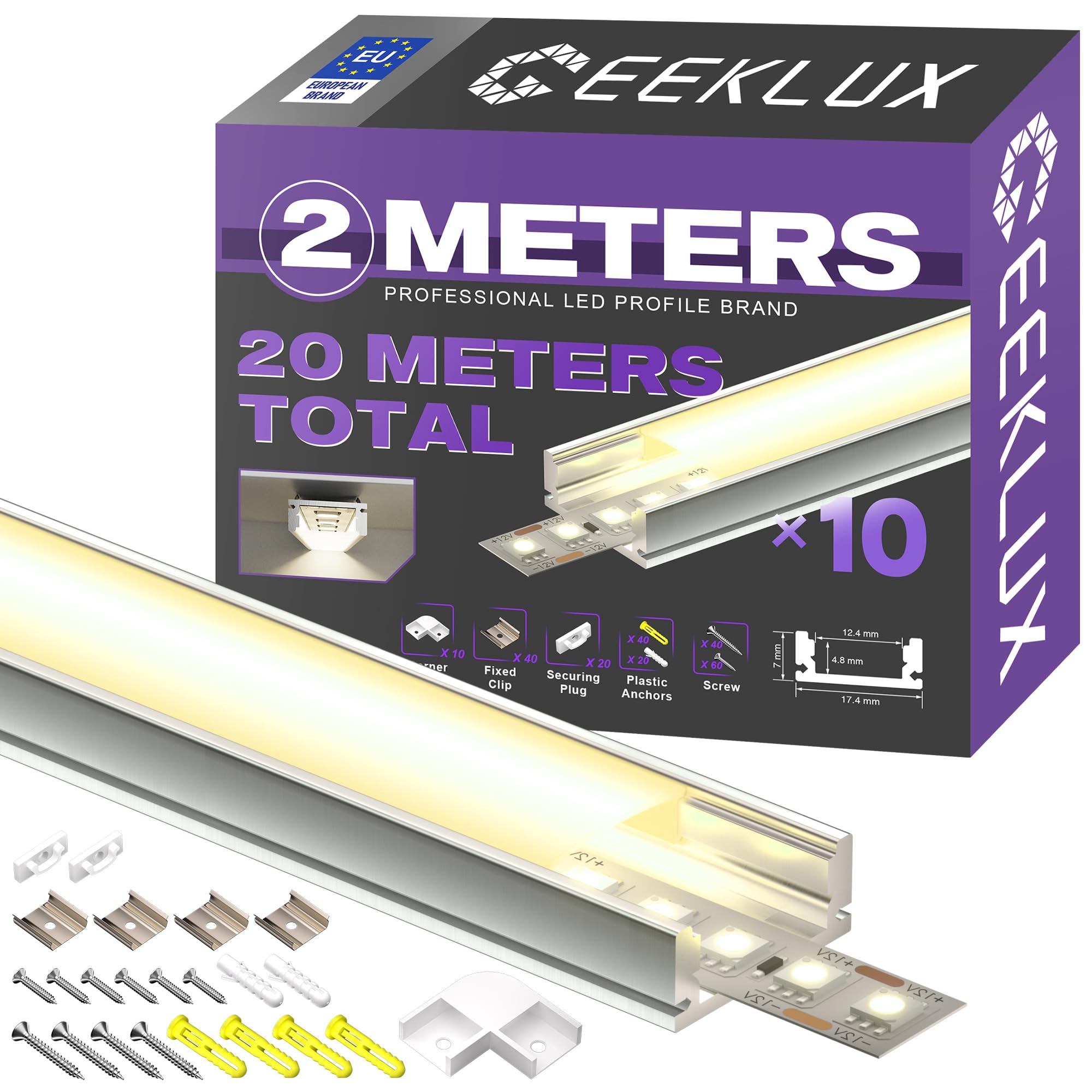 Profil aluminiowy LED, 2 m x 10 (20 m), profil U aluminiowy, profil do płyt suchościeralnych LED / lista LED/profil LED, z mlecznobiałą pokrywą – zaślepki i klipsy montażowe – 2000 x 17,4 x 7