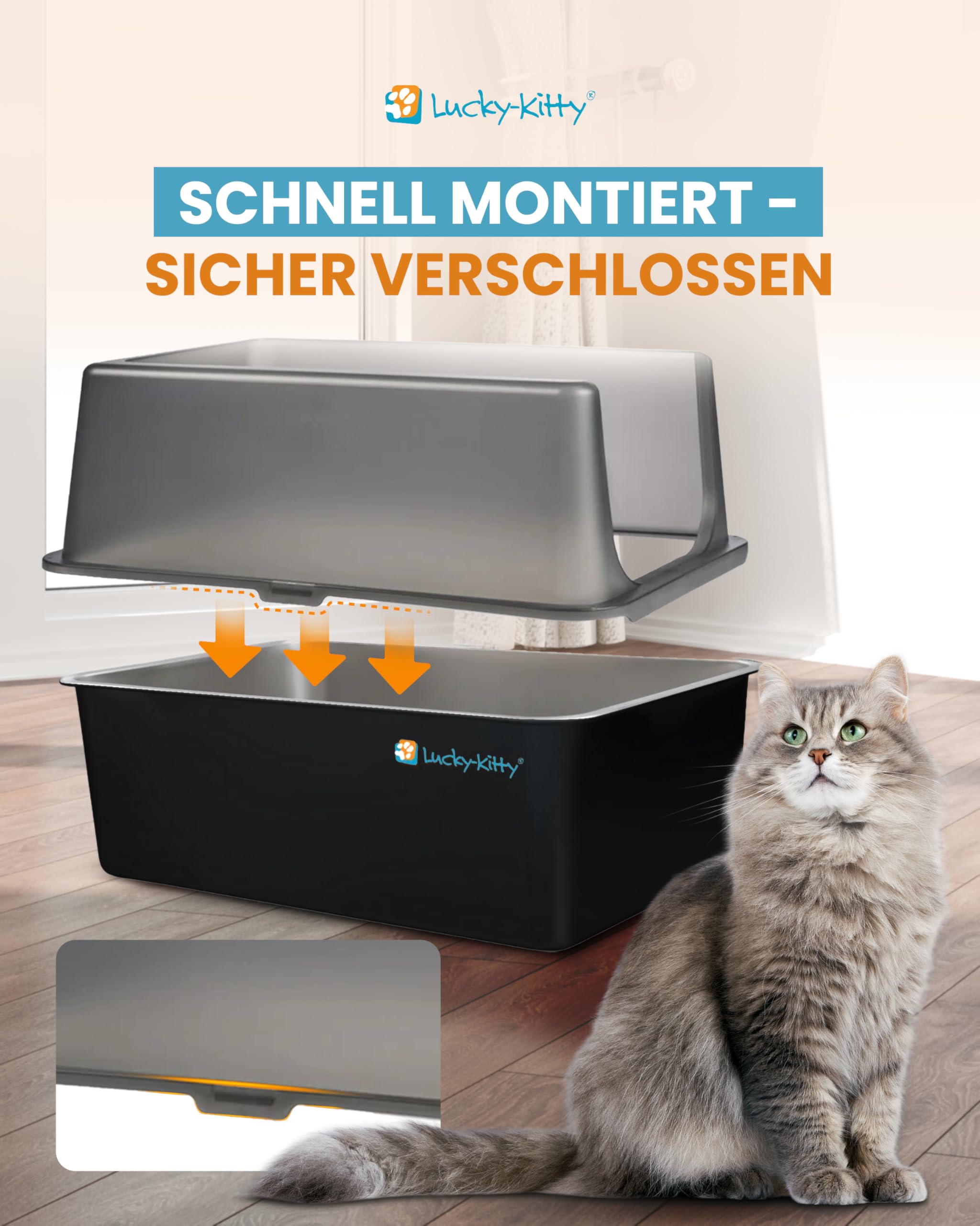 Lucky-Kitty Katzenklo Edelstahl XXL mit Deckel, Weiss, 60x40x40 cm | Mit Deckel, Exklusiver Schließmechanismus, Absolut auslaufsicher, Geruchsfrei & Hygienisch