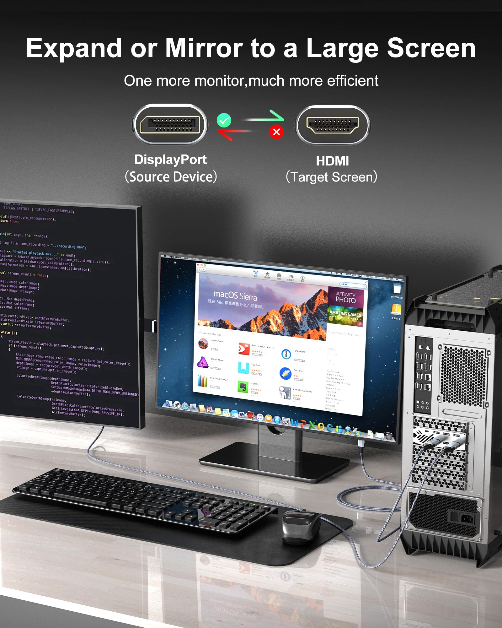 Câble DisplayPort 8K vers HDMI 2.1 de 1,8 m, 8K @ 60 Hz, 4K @ 240 Hz, port d'affichage unidirectionnel 1.4 source vers écran HDMI 2.1, cordon tressé DP vers HDMI pour Dell, NVIDIA, AMD