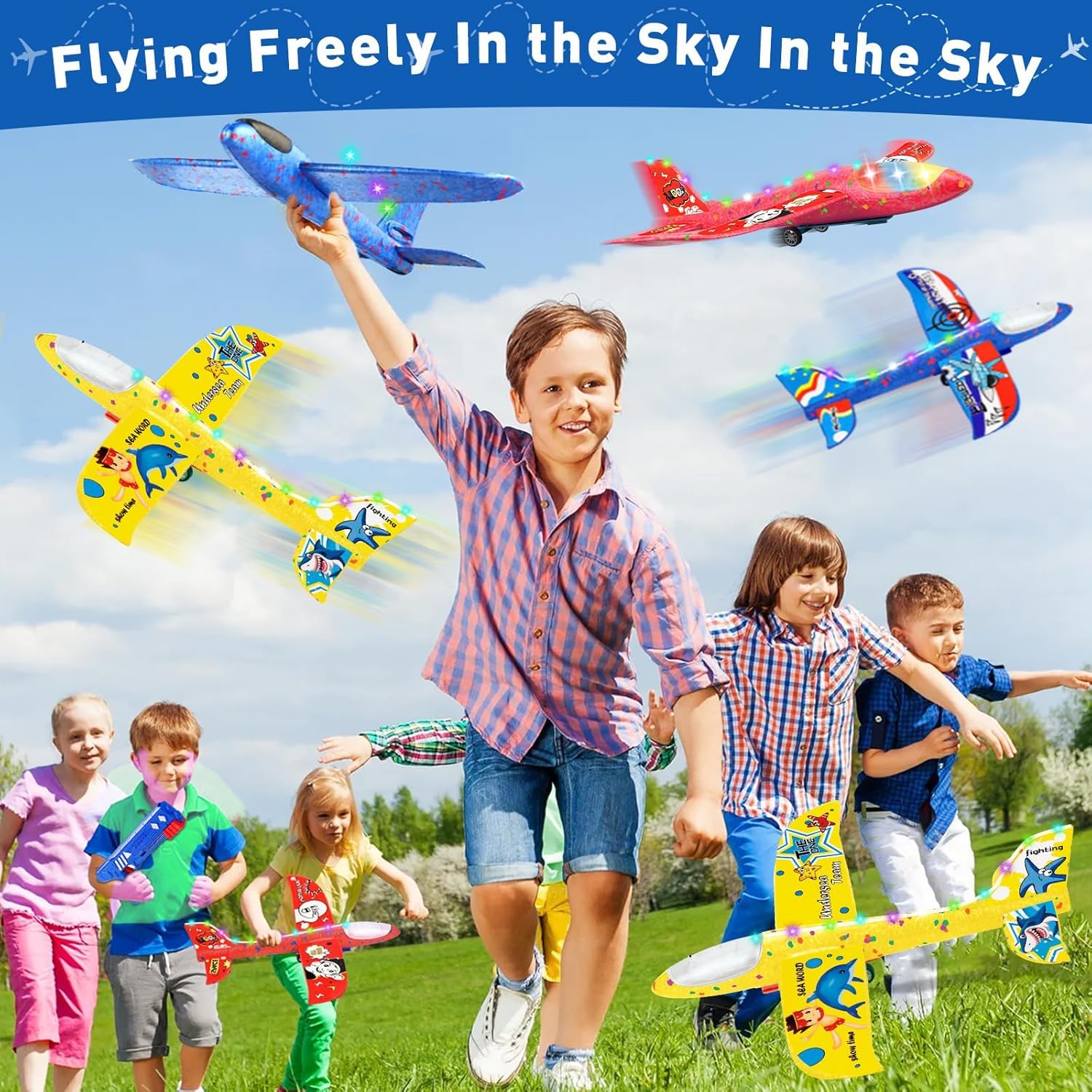 Flugzeug Spielzeug, 3 Stück Styroporflieger mit Katapult Pistole, Beleuchteter Flugzeugrumpf, Fugzeug Styropor Outdoor Spiele für Kinder, Outdoor Spielzeug Junge Mädche 3 4 5 6 7 8 9 Jahre