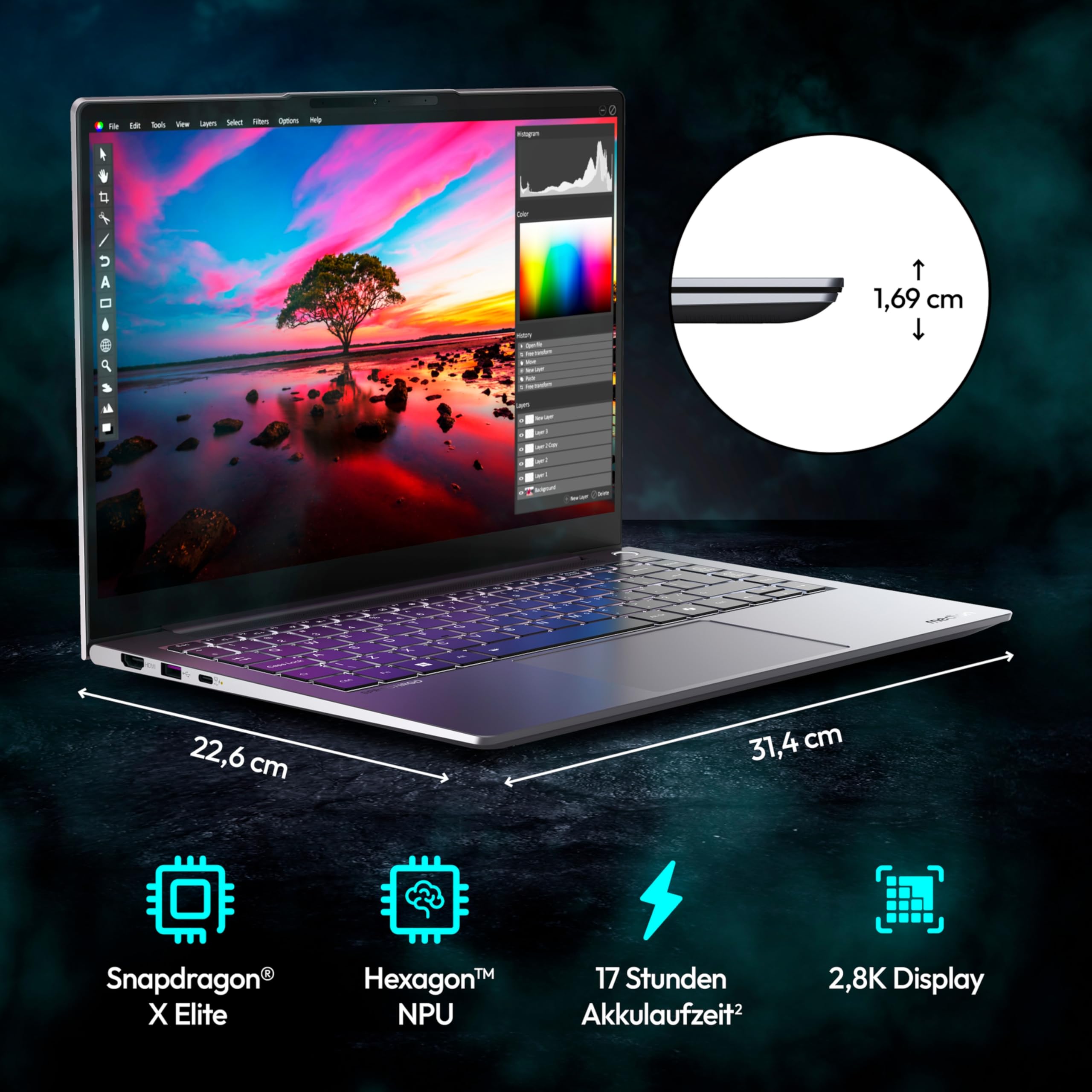 MEDION SPRCHRGD 14 S1 Elite 35,56 cm (14" Zoll 120Hz 2.8K WQXGA+) Laptop (Copilot+ PC, Qualcomm Snapdragon X Elite, 16GB DDR5 RAM, 512GB SSD, Win 11 Home)