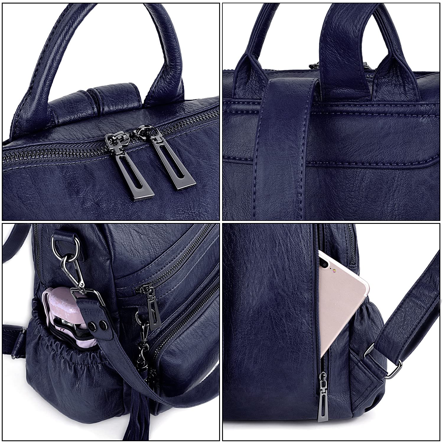UTO Femme Sac porté Dos Anti-Vol Sac à Main porté épaule Glands Multi Compartiment PU Cuir lavé - 4