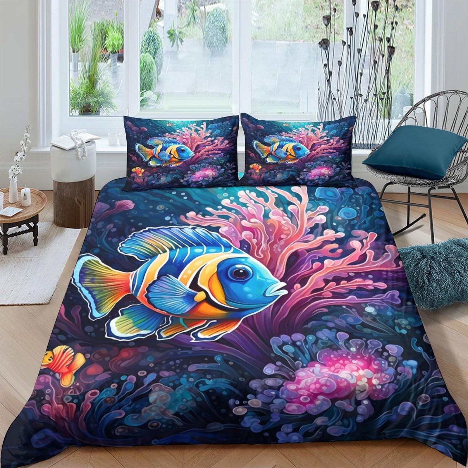 GPLZQXKJNH 3D Printed Ocean Coral Fish Duvet Cover Set Microfiber Soft Breathable Blue Reef Bedding with 2 Pillowcases for Bedroom Single（135x200cm）