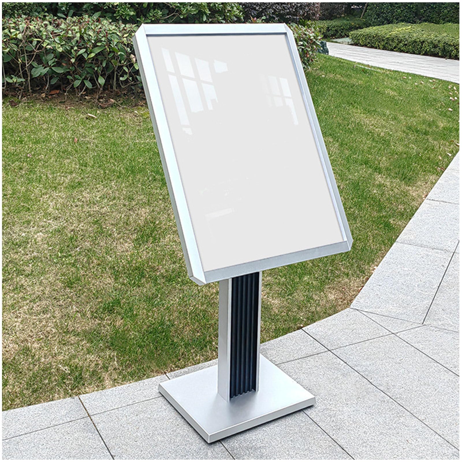 Soporte de exhibición comercial de piso, soporte de aluminio para carteles de menú de publicidad con base resistente, ajustable vertical y horizontal, color plateado