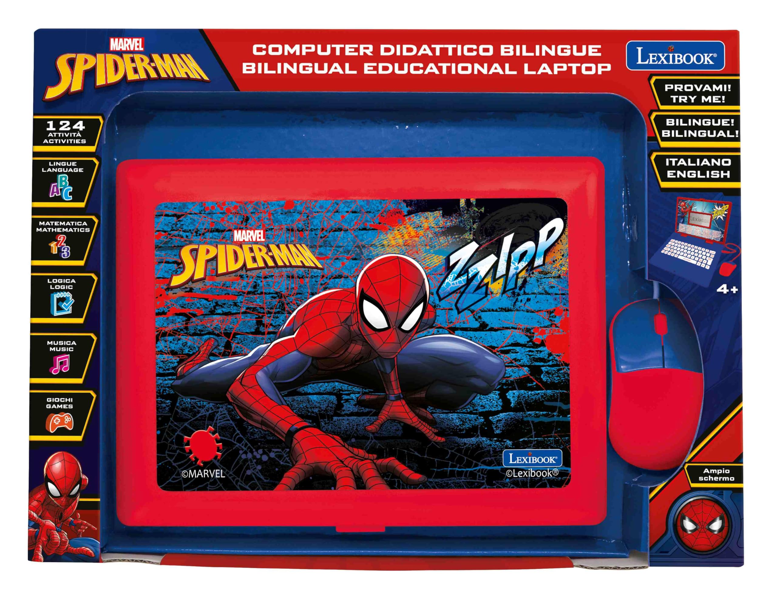 Lexibook - Spider-Man Computer Portatile educativo bilingue Italiano/Inglese - 124 attività per Un apprendimento Divertente e interattivo - Matematica, logica, Musica, Orologio - JC598SPi5LXB