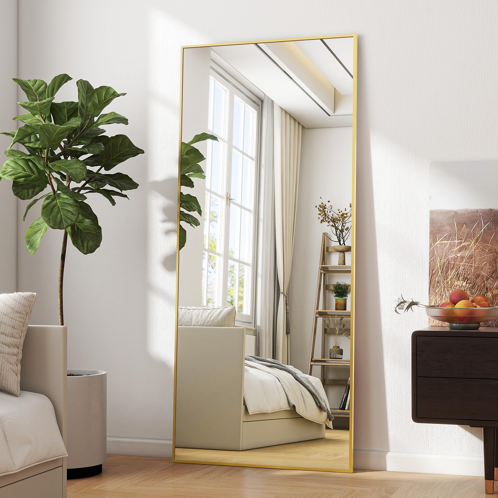 BEAUTYPEAK Espejo de cuerpo entero a prueba de roturas 60x165 cm, espejo de pie colgante o apoyado contra la pared, gran espejo de suelo con soporte para dormitorio, sala de estar o vestidor, dorado