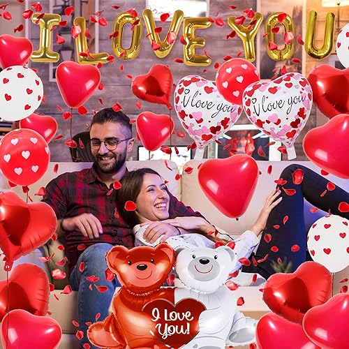 Miniatura 5 de Paquete de 55 globos para el día de San Valentín con 1000 pétalos de rosa de seda, globos de corazón y oso de amor para aniversario, decoraciones