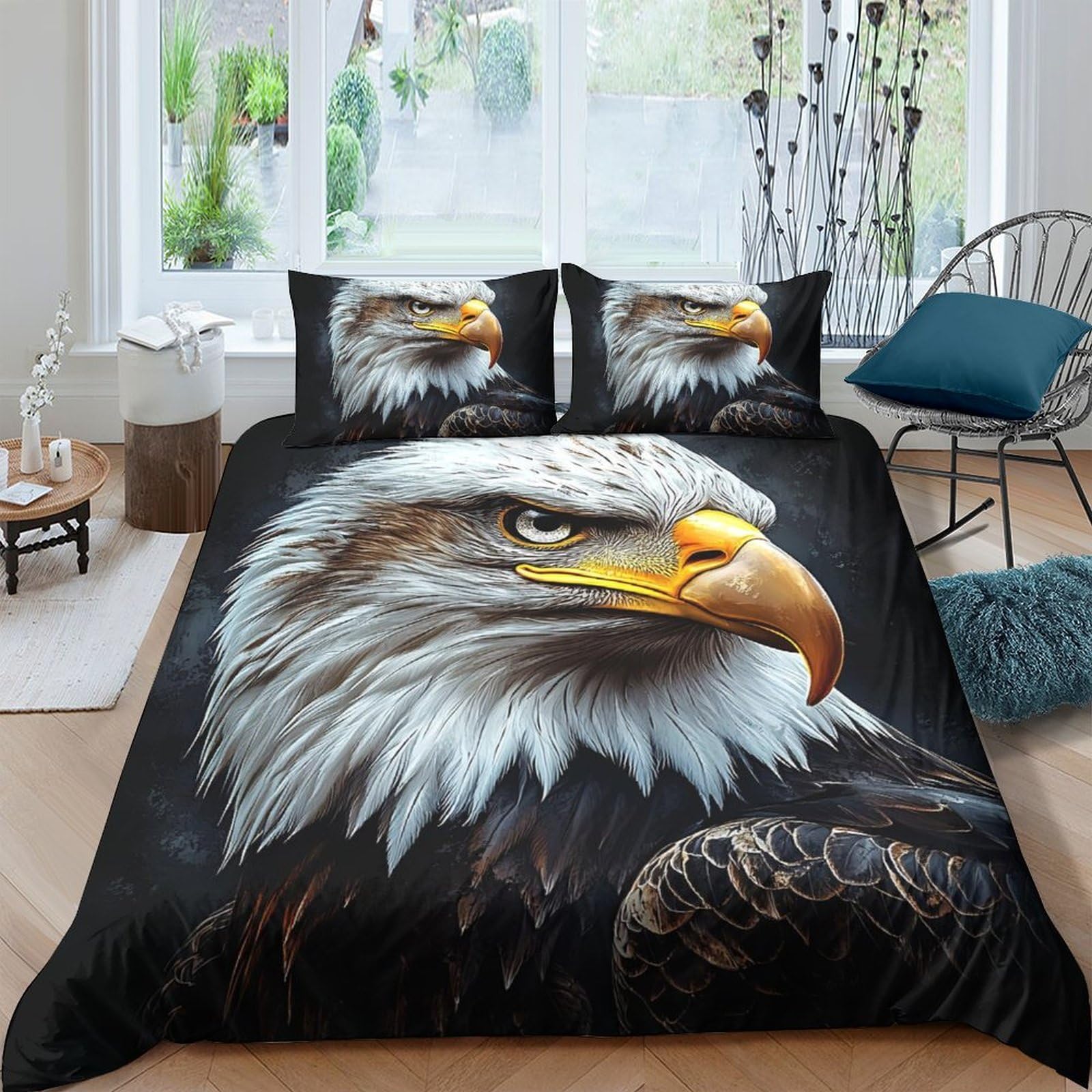 P5V6M1Q9 3D Printed Bald Eagle Duvet Cover Microfiber Soft Breathable Majestic Bird Bedding Set with 2 Pillowcases for Bedroom Home Single（135x200cm）
