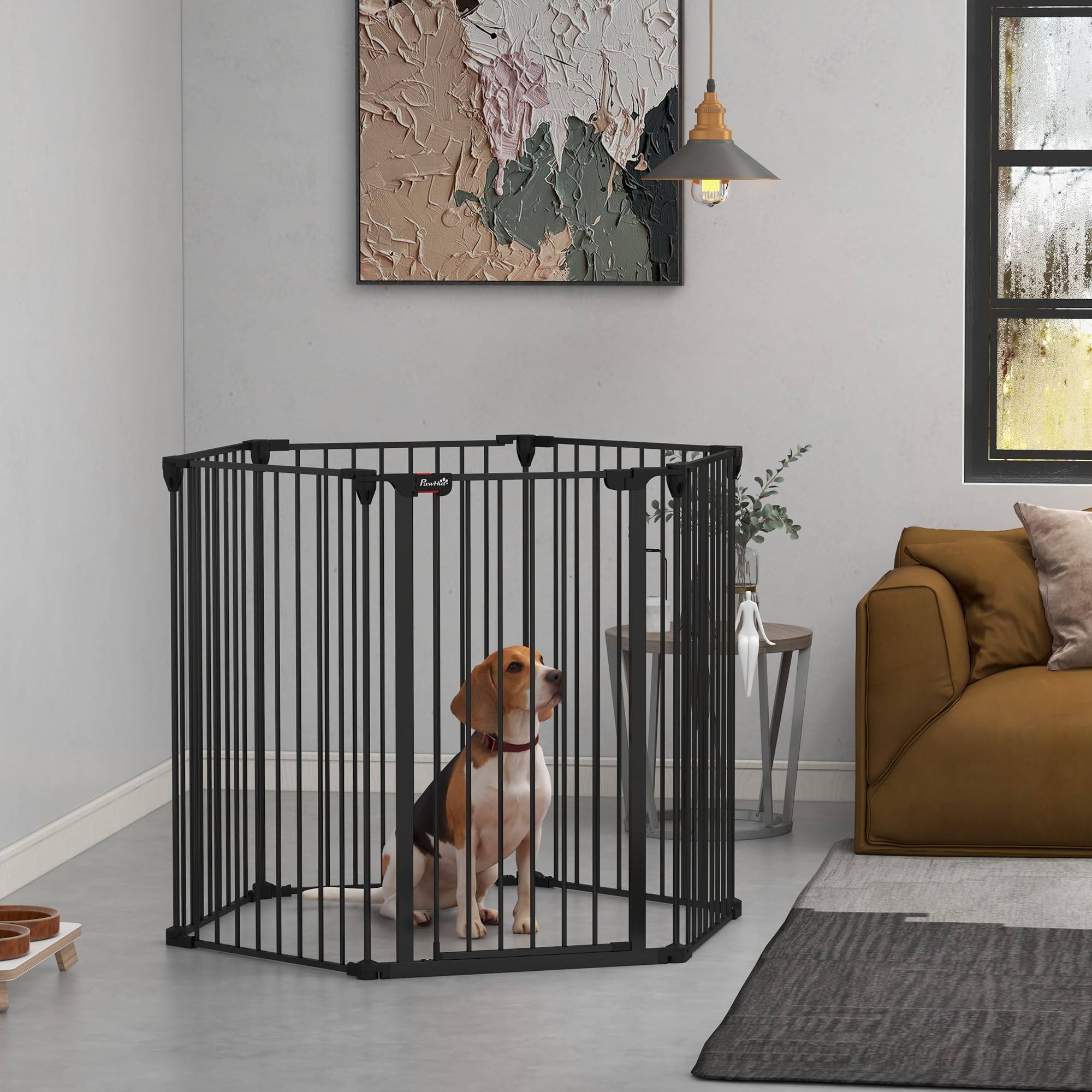 PawHut Cancellino per Cani Taglia Media Pieghevole con Doppia Chiusura di Sicurezza, Cancelletto di Sicurezza Modulabile in Metallo e Plastica, 123x102x100 cm, Nero