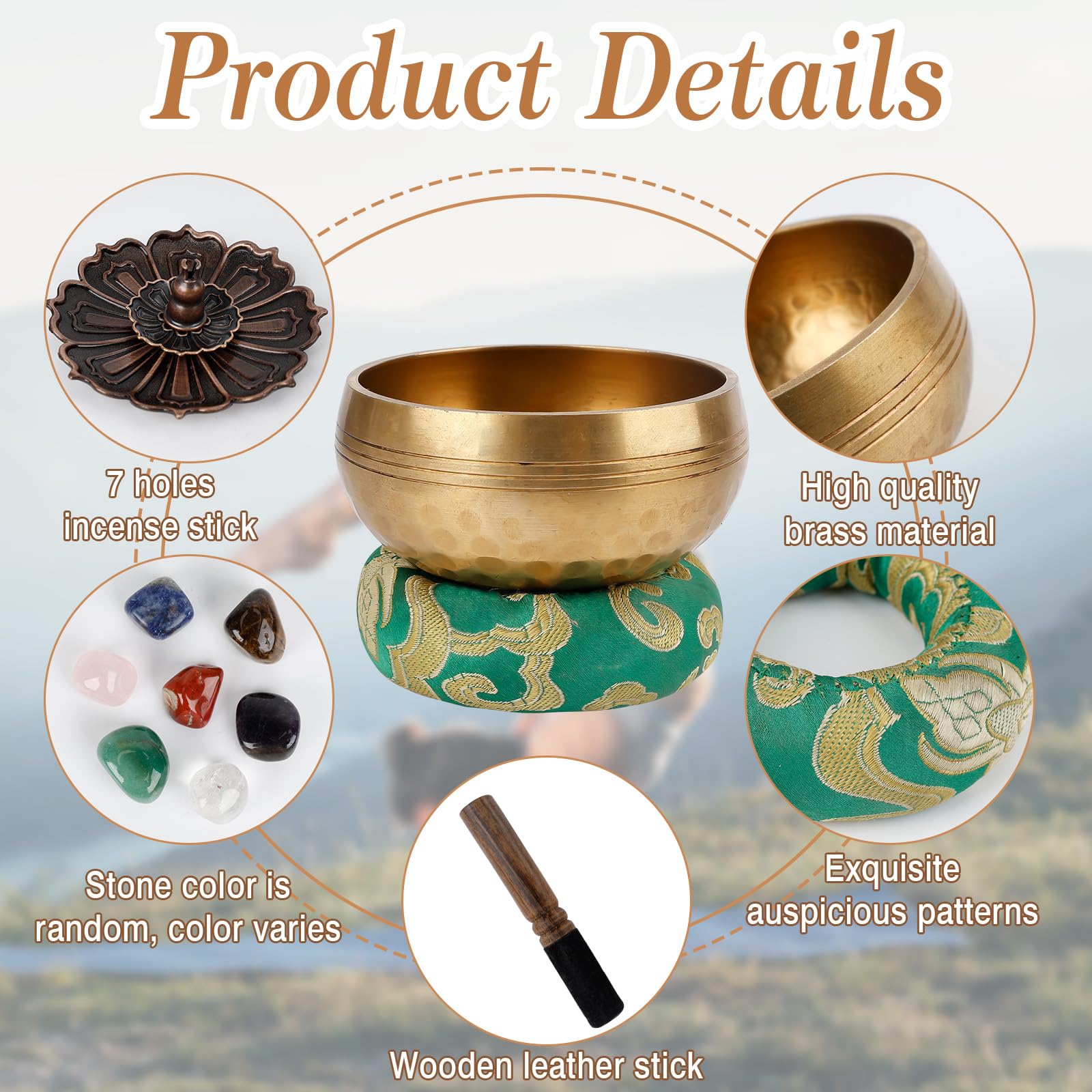 SUKARNE 7.9 cm Juego de Cuenco Tibetano, 7 pcs Incluye Cuenco Tibetano Hecho a Mano/Mazo/Cojín de Seda/7 Piedras de Chakra/Botella de Tinta/Bolsa para Cantar para Yoga, Meditación y Relajación