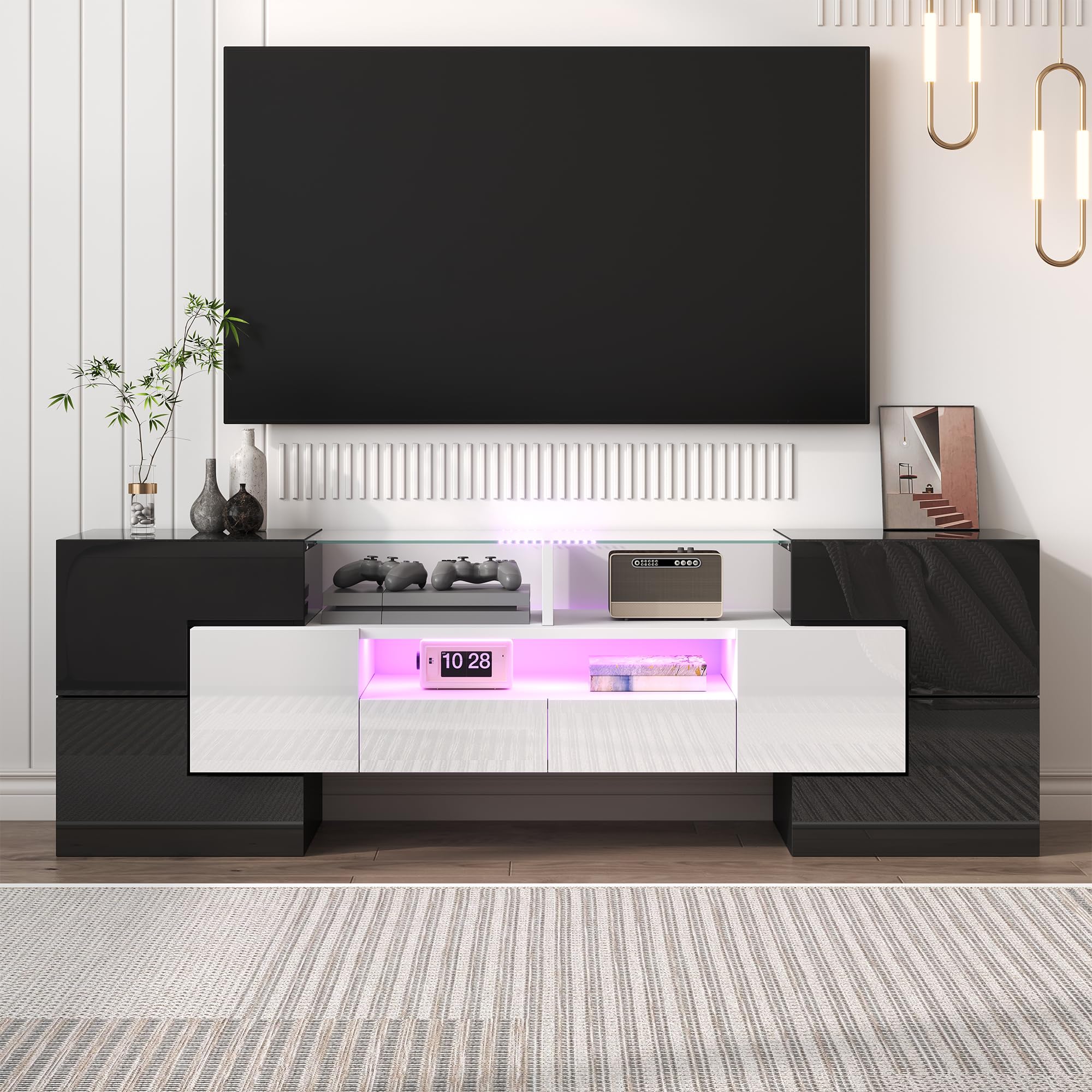 Elegante mobile TV Lowboard bianco lucido 145 cm illuminazione LED mobili soggiorno design moderno elegante finitura in vetro (bianco+nero)