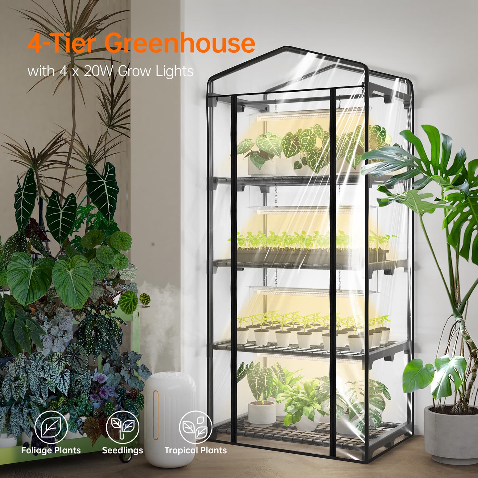 Bstrip Indoor-Gewächshaus, 4-stöckiges Foliengewächshaus mit Pflanzenlampe LED Vollspektrum, 159 cm Gewächshaus Klein zur Überwinterung von Pflanzen, ideal für Anbau, Keimlinge und Microgreens