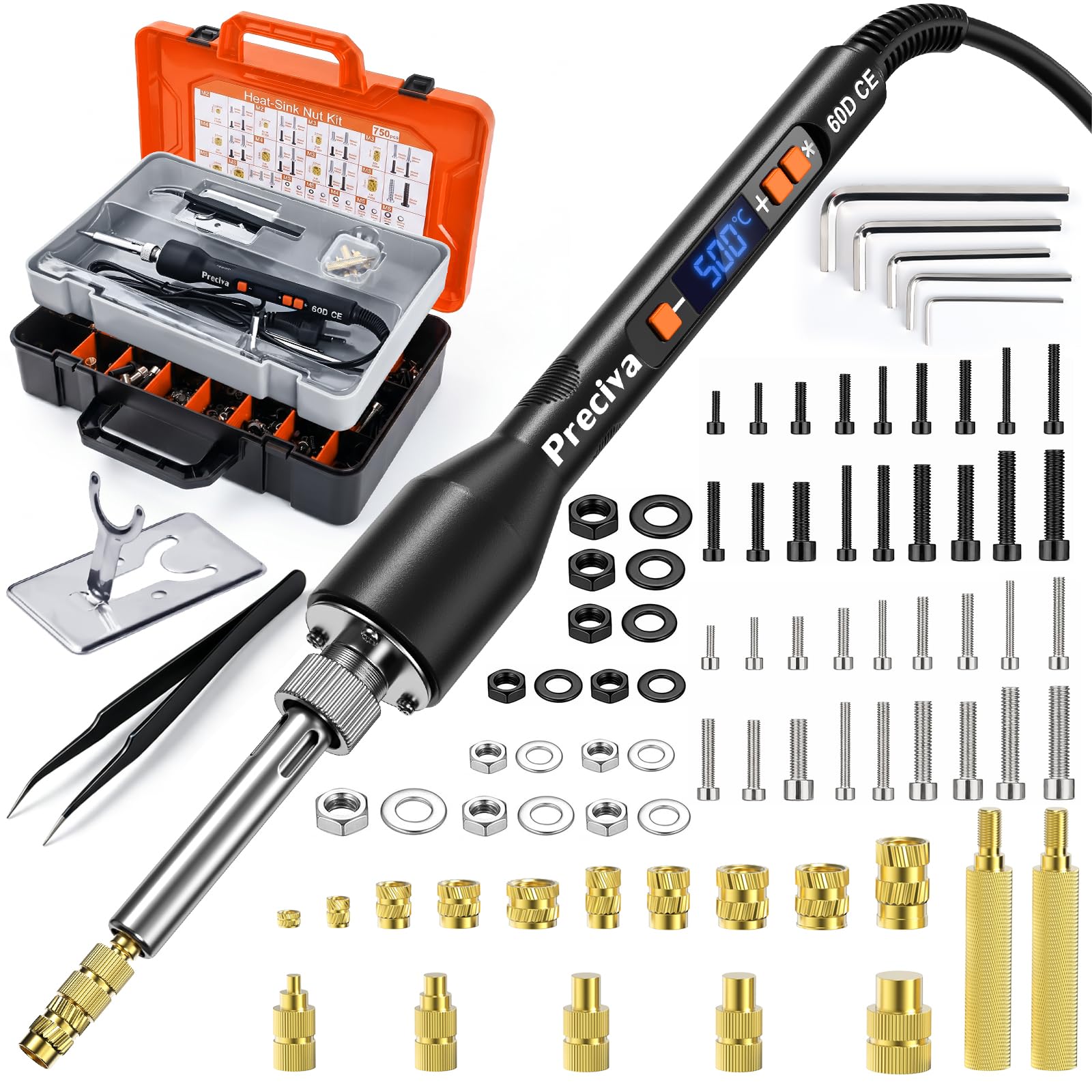 M2-M6 Threaded Heat Inserts Toolkit for 3D Printer, Preciva 750PCS Brass Inserts Tips Set, 60W Digital Soldering Iron 200-500°C, Nuts and Bolts Assortment with Toolbox, 3D Printing Accessories
