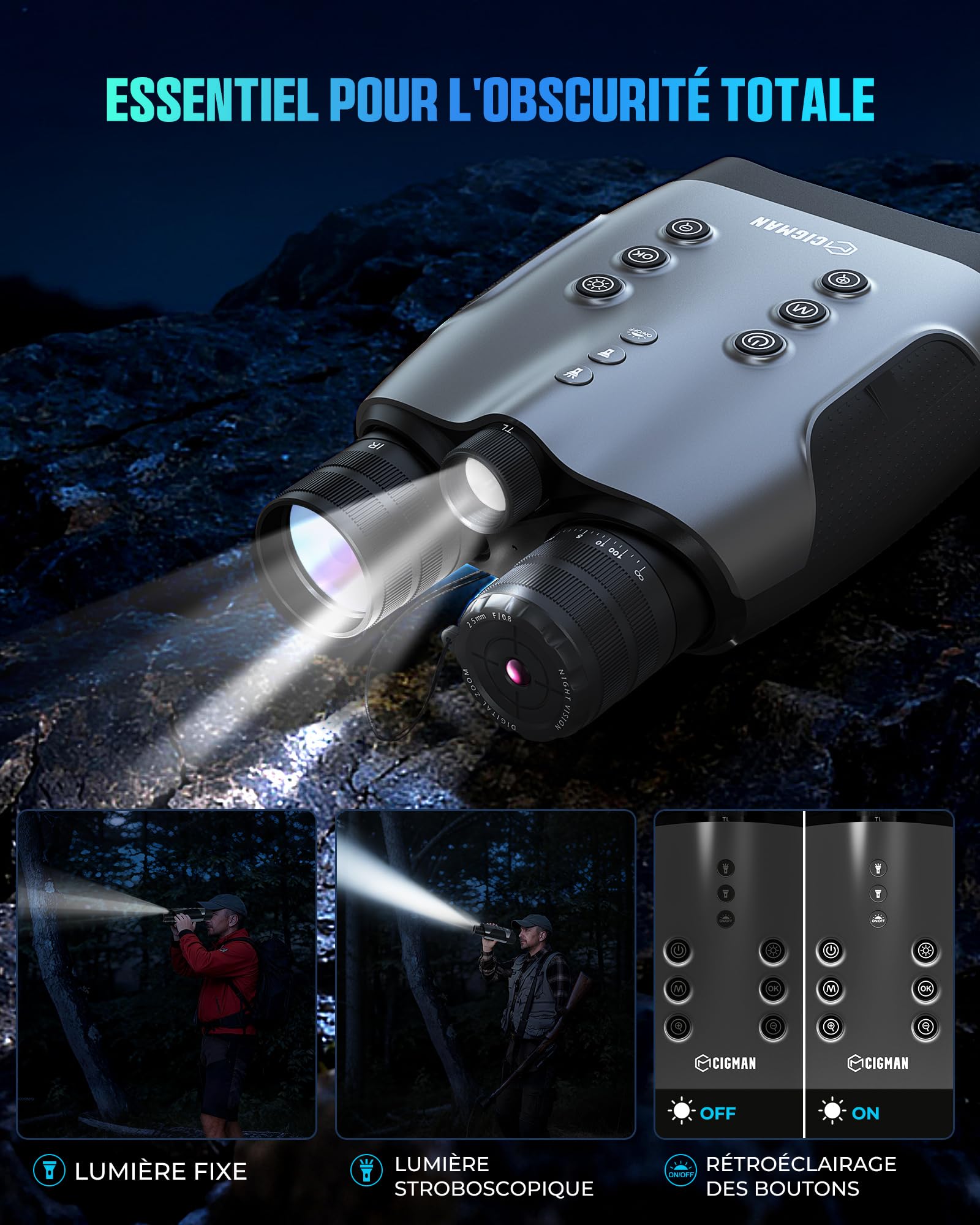 Lunettes de Vision Nocturne CNVPRO 4K, portée 1000 m, Ouverture f/0,8, écran 4", contrôle Wi-FI, Lunette de Vision Nocturne IP54 étanche avec Lampe Torche, Boutons rétroéclairés et Stockage 64 Go
