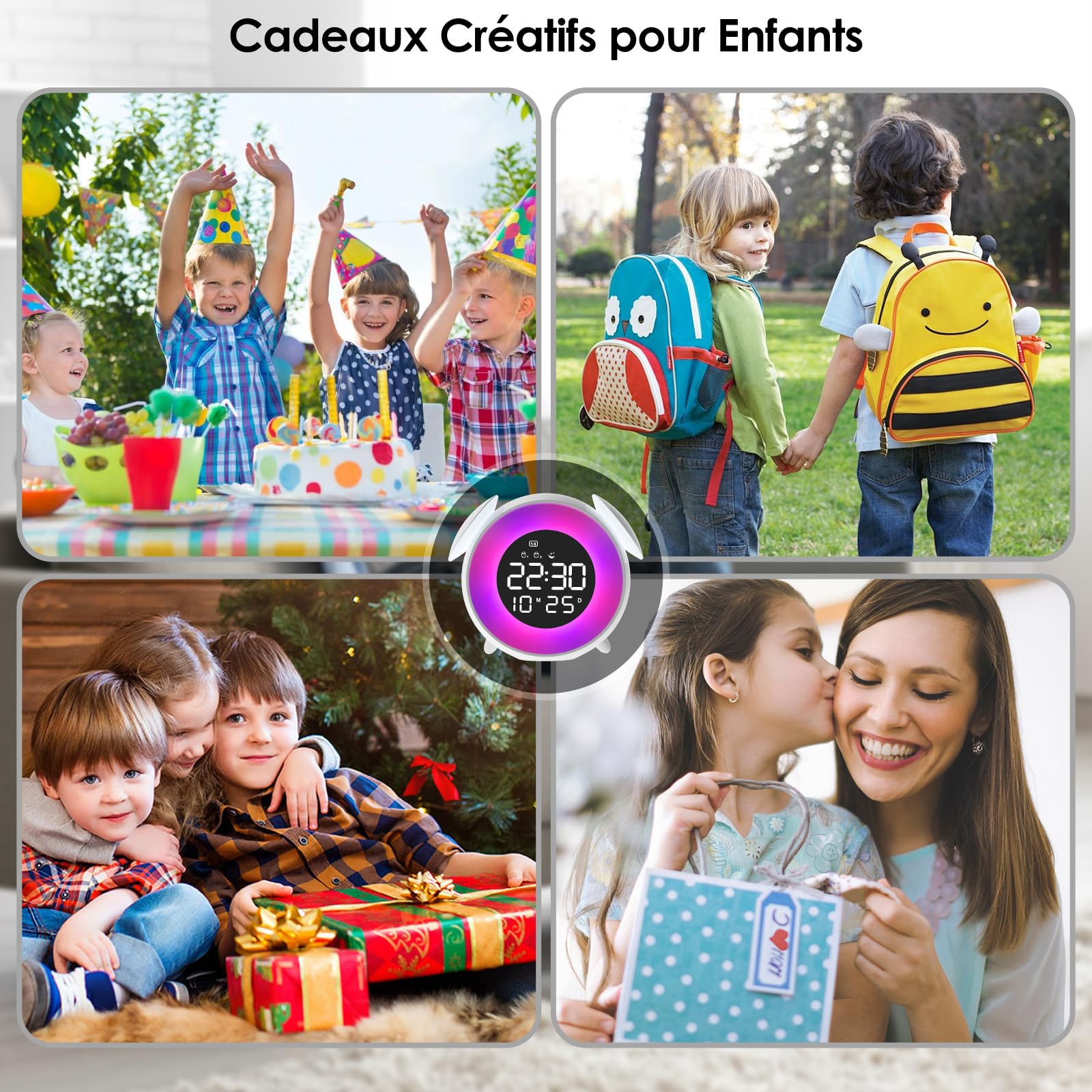 Reveil Enfant Numérique, Réveil Enfant Educatif Jour/Nuit, LED Horloge Digitale avec Snooze, 2 Alarmes, 10 Couleur lumières, 7 Sonneries, 12/24H, Lumière d'Éveil/Coucher Soleil