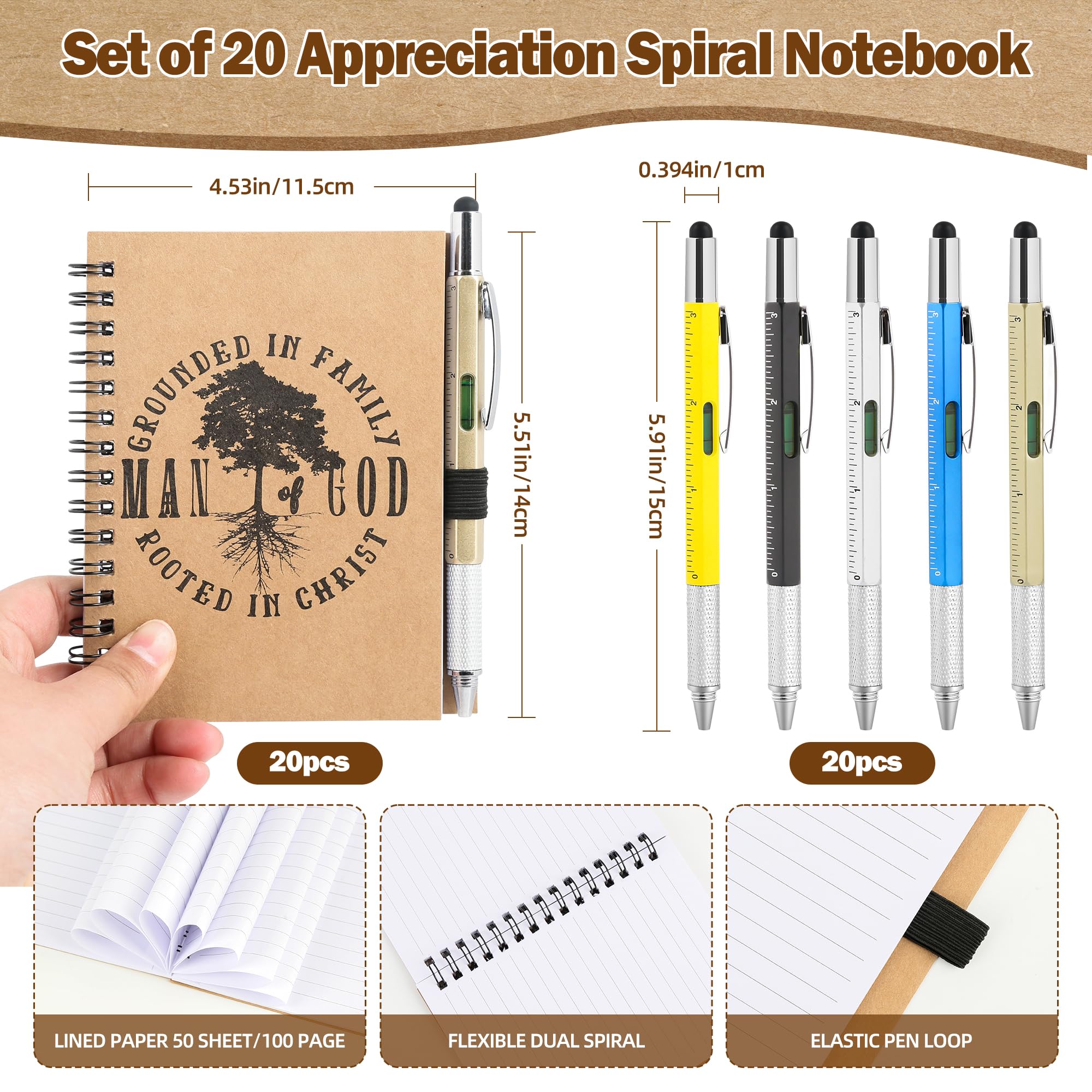 20 Sets Man of God Christian Gifts for Men, Religious Spiral Notebooks with 6 in 1 Multi Tool Pens, Father's Day Birthday Christmas Church Gifts for Coworker Office Staff