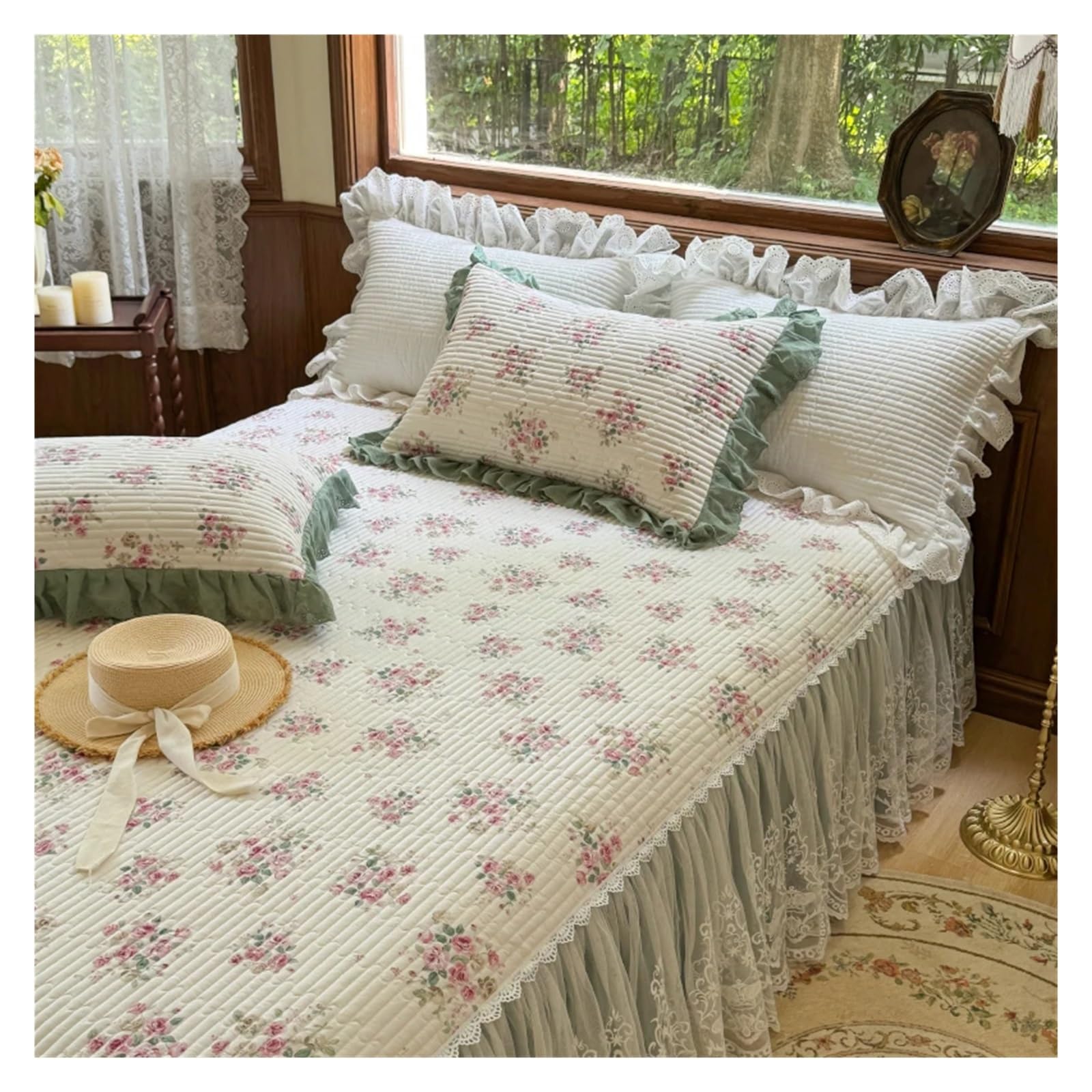3Pcs Lace Ruffles Quilted Skirt, Mattress Cover Sheet, With Pillowcases, Suitable For 1.2M/1.5/1.8/2M Bed(5,150X200cm 3pcs)