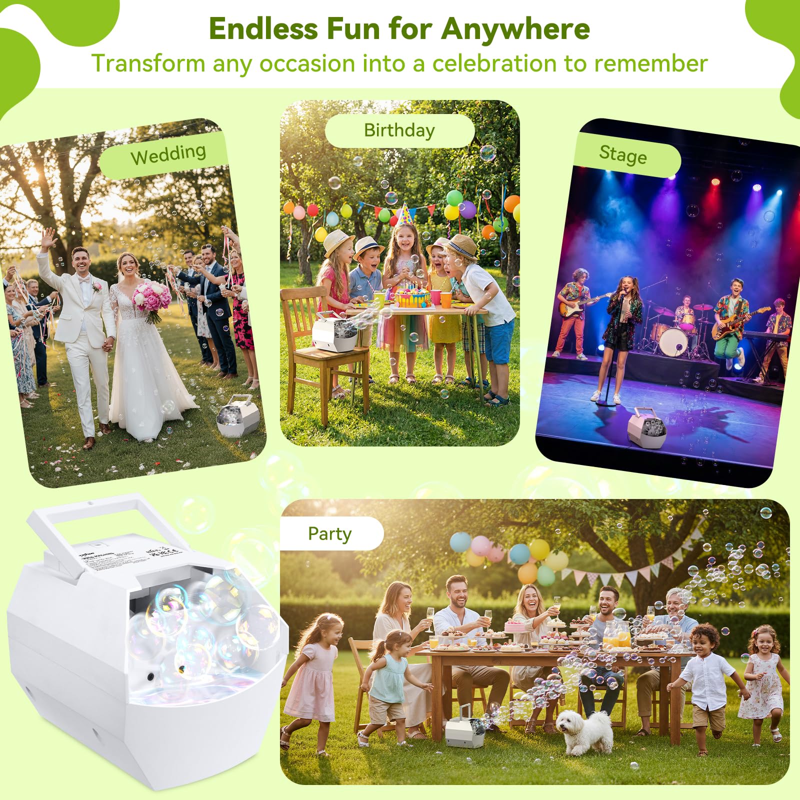 Theefun Máquina de burbujas, soplador automático de burbujas de 500 ml, juguete eléctrico portátil de burbujas para niños y niñas, al aire libre, interiores, fiestas, bodas, cumpleaños, alimentado por