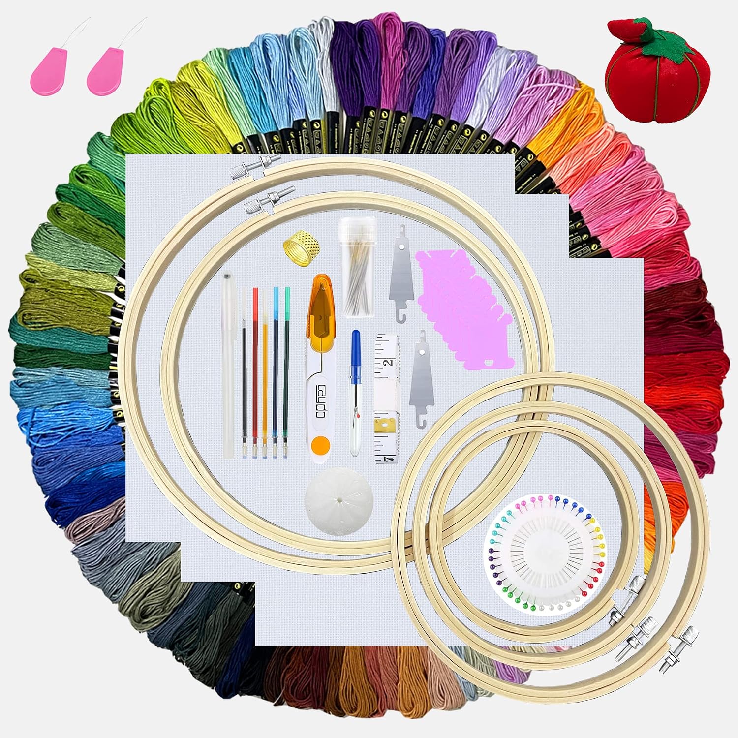 ONESHAW Embroidery Kit with Pattern for Beginners, 10 Pack Cross Stitch Kit, Embroidery Hoops,Scissors,Needles and Color Threads,Needlepoint Kit for Adults Kids (100 Colors Threads Kits)