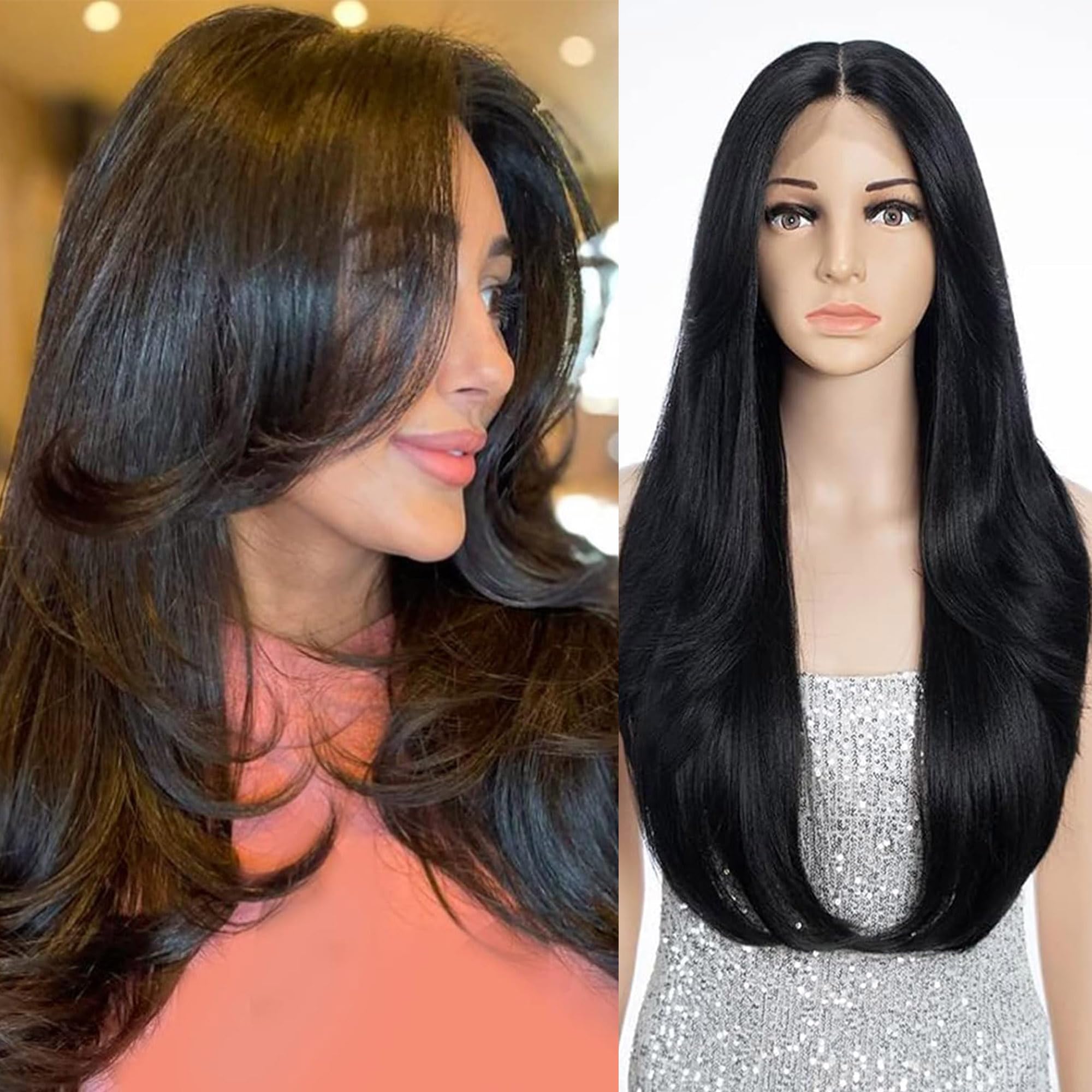 FASHION IDOL Perücke für Frauen Synthetische Spitze Front Tür Vorhang Pony in der Split Lace Hair Stitching Layered Farbe Perücke