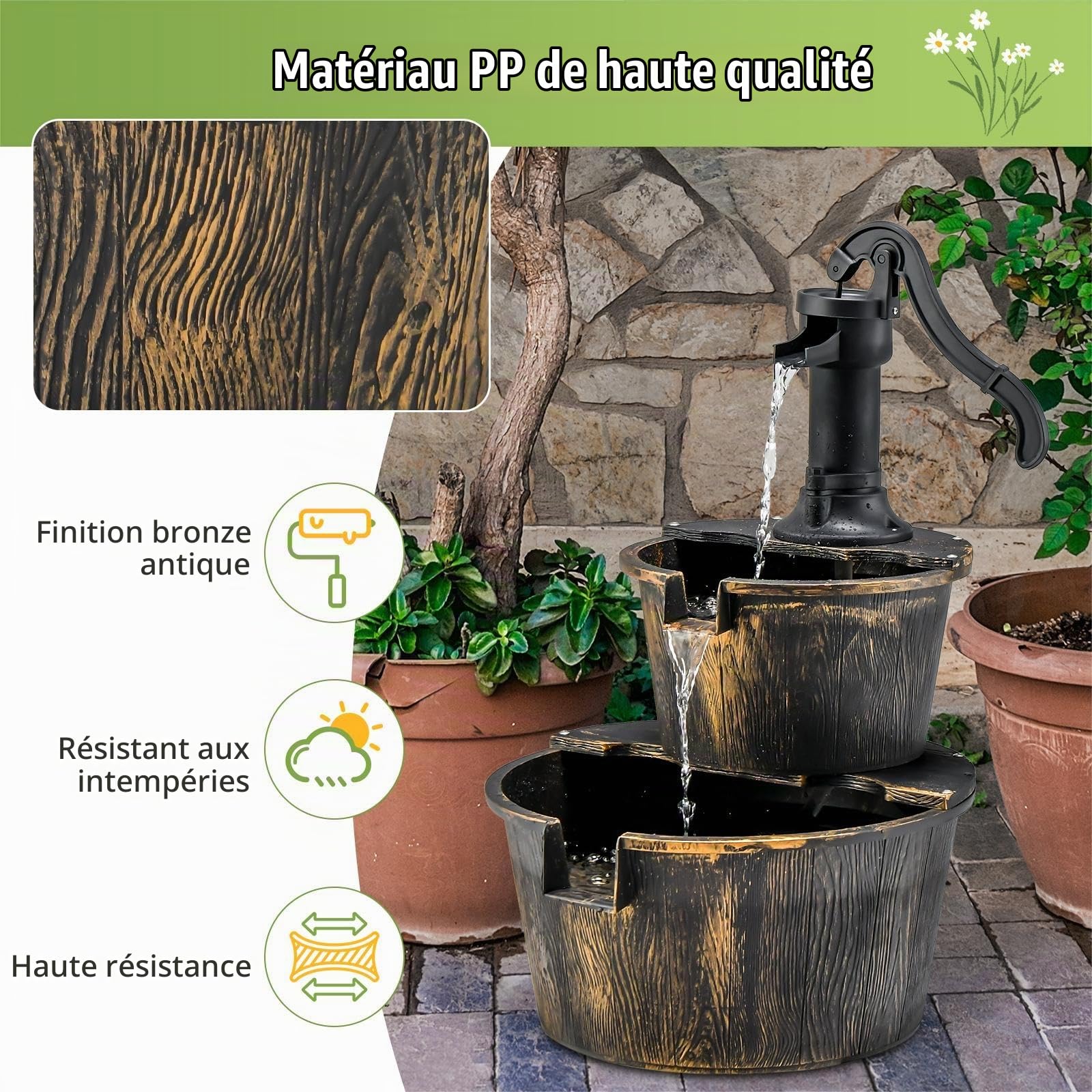 SOARS Fontaine de Jardin à 2 Niveaux, avec Pompe à Eau & Débit d'eau Réglable, Fontaine à Eau Design en PP, Fontaine d'Intérieur, Décoration de Jardin pour Extérieur Balcon Terrasse (Bronze)