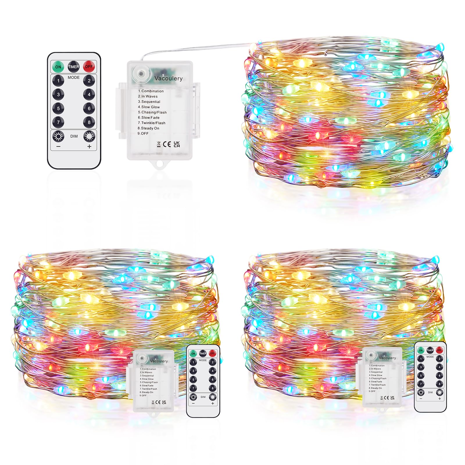 Vacoulery Cadena de Luces con Pilas, 3 Piezas 5M 50LED Guirnaldas Luces con Timer & 8 Modos Luces de Hadas para Navidad Fiesta Hogar Bodas Interiores Exteriores Fiestas DIY Decoración