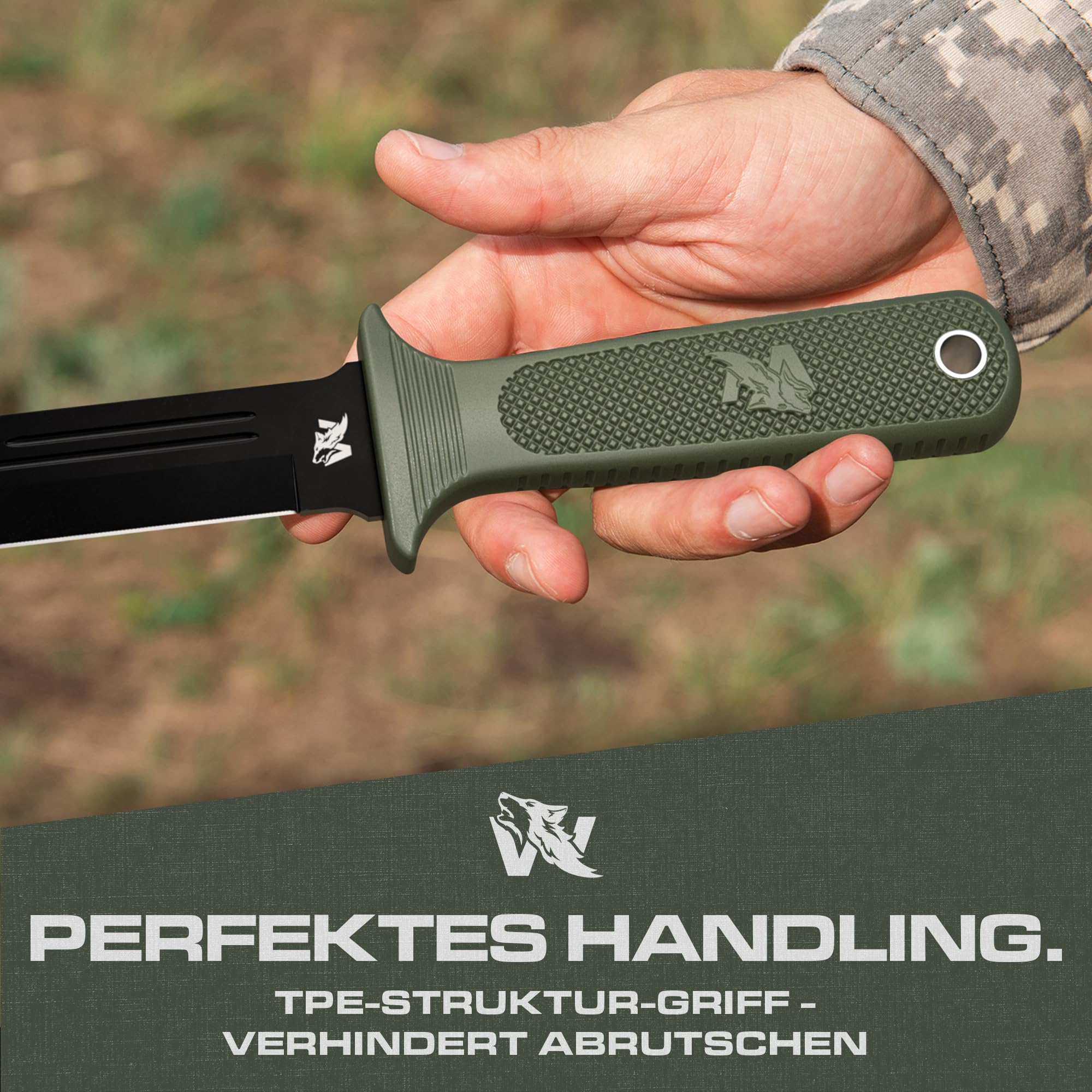 ODENWOLF W Catcher - Großes Jagdmesser aus D2-Stahl - Großes Feststehendes Messer mit Scheide - Einschneidiges Schwert mit TPE-Griff - Full Tang Survival Messer für Outdoor Aktivitäten