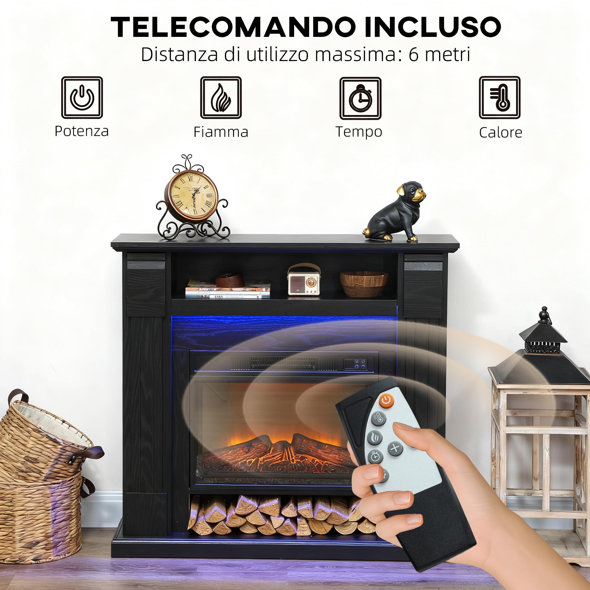 HOMCOM Camino Elettrico con Cornice Effetto Fiamma 3D Realistico 3 Luminosità, 1800W Caminetto Elettrico da Incasso/Terra, Luce LED, Riscaldamento Regolabile, 2 Telecomandi, Termostato, Timer, Nero