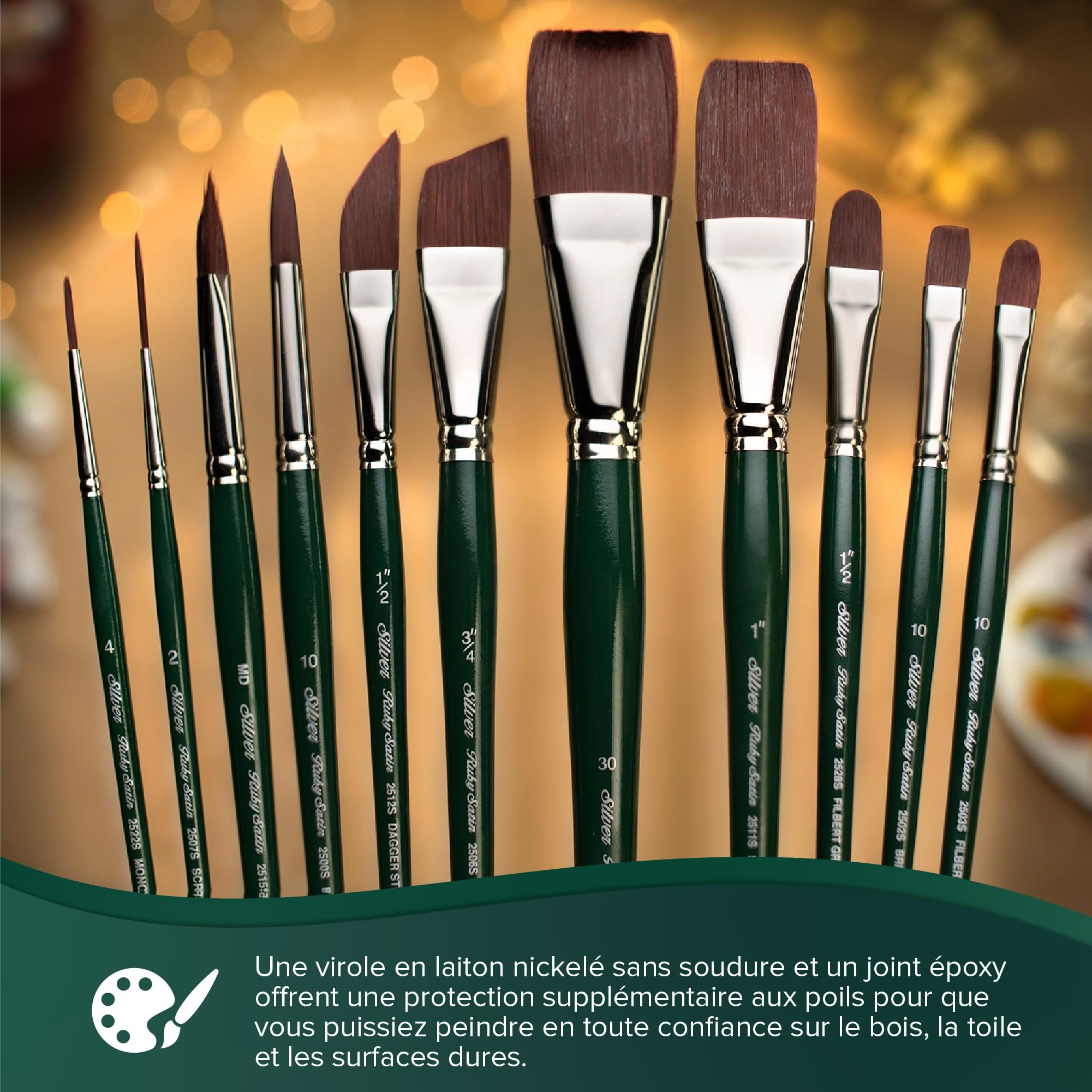 Silver Brush Limited - Assortiment de 6 pinceaux RSS-2560S Ruby Satin - Pinceau Rond Taille 4, Plat Court Taille 10, Filbert 1/2", biseauté 5/8", Triangle Taille M, et Traceur Taille 2/0