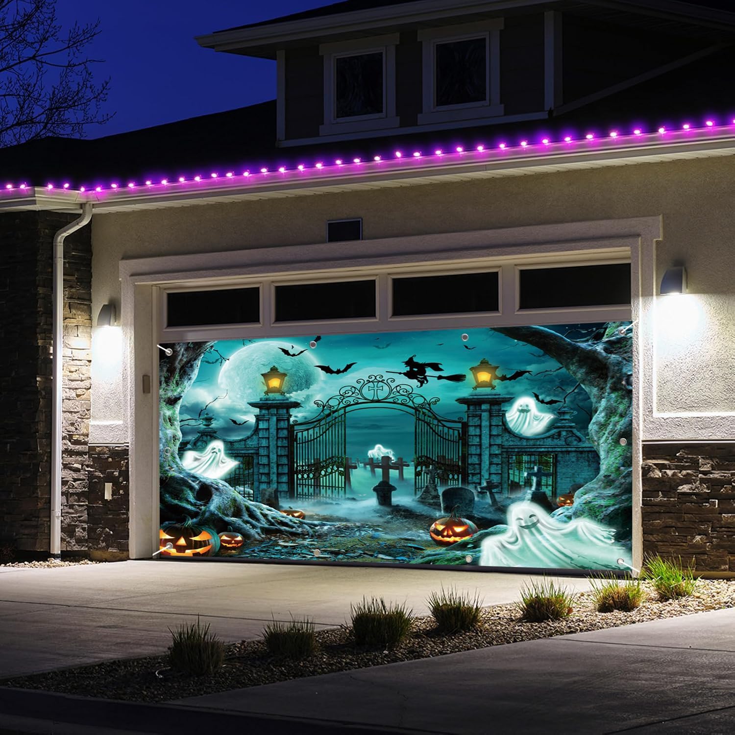 7x16ft Halloween Garage Door Cover,Halloween Garage Door Decorations Horror Graveyard Scene Spooky Pumpkin Full Moon Garage Door Banner Decorations Photo Studio Props