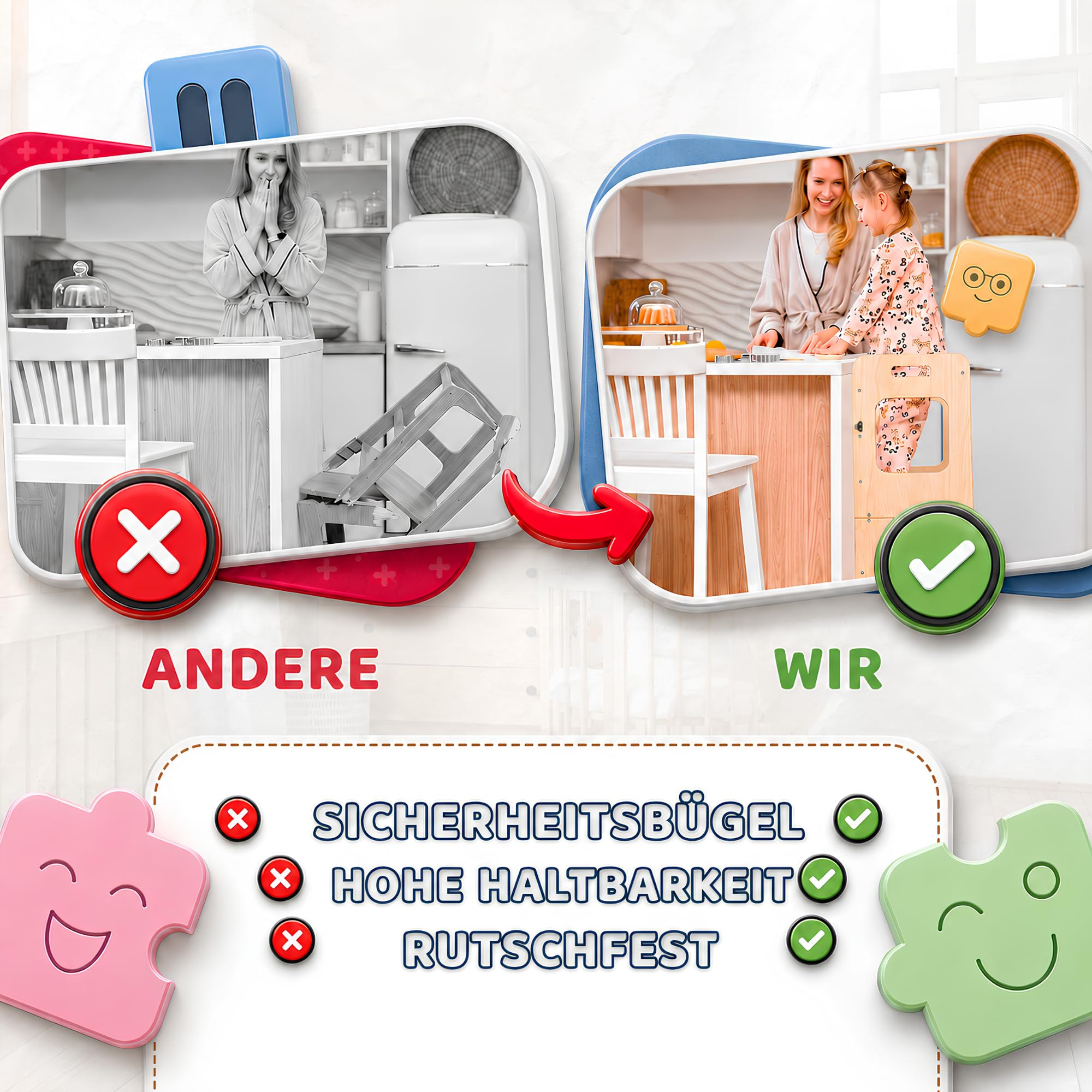Lernturm ab 1 Jahr Klappbar 3-in-1, Lernturm mit Rausfallschutz | Inklusive Xylophon, Malbuch, Buntstiftbox, Schneidewerkzeug und Montageset, Lernturm Klappbar, Montessori Learning Tower