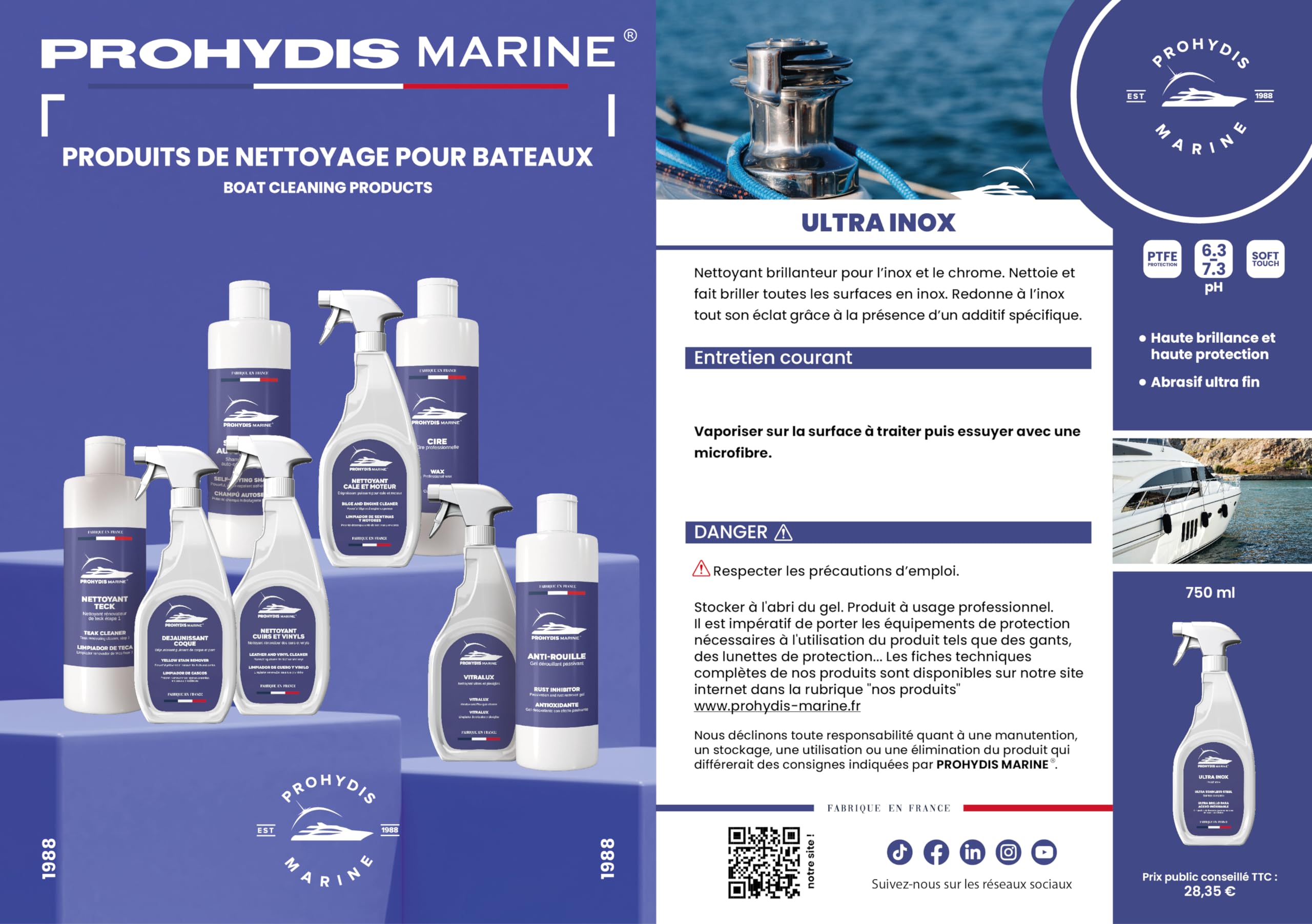 Ultra INOX/Produits D'HYGIENE pour Bateaux/Haute Brillance et Haute Protection, abrasif Ultra Fin/Conçu et fabriqué en France