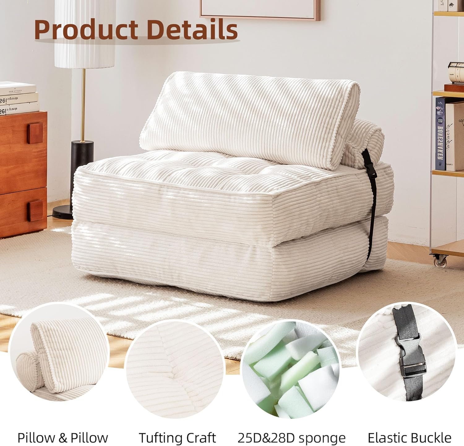 GYUTEI Folding Sofa Bed, Convertible Sleeping Chair with Backrest Support and Soft Corduroy Fabric๏ผFold Couch Bed with Pillow for Small Spaces/Living Room/Bedroom/Apartment, Single Size,Beige 2