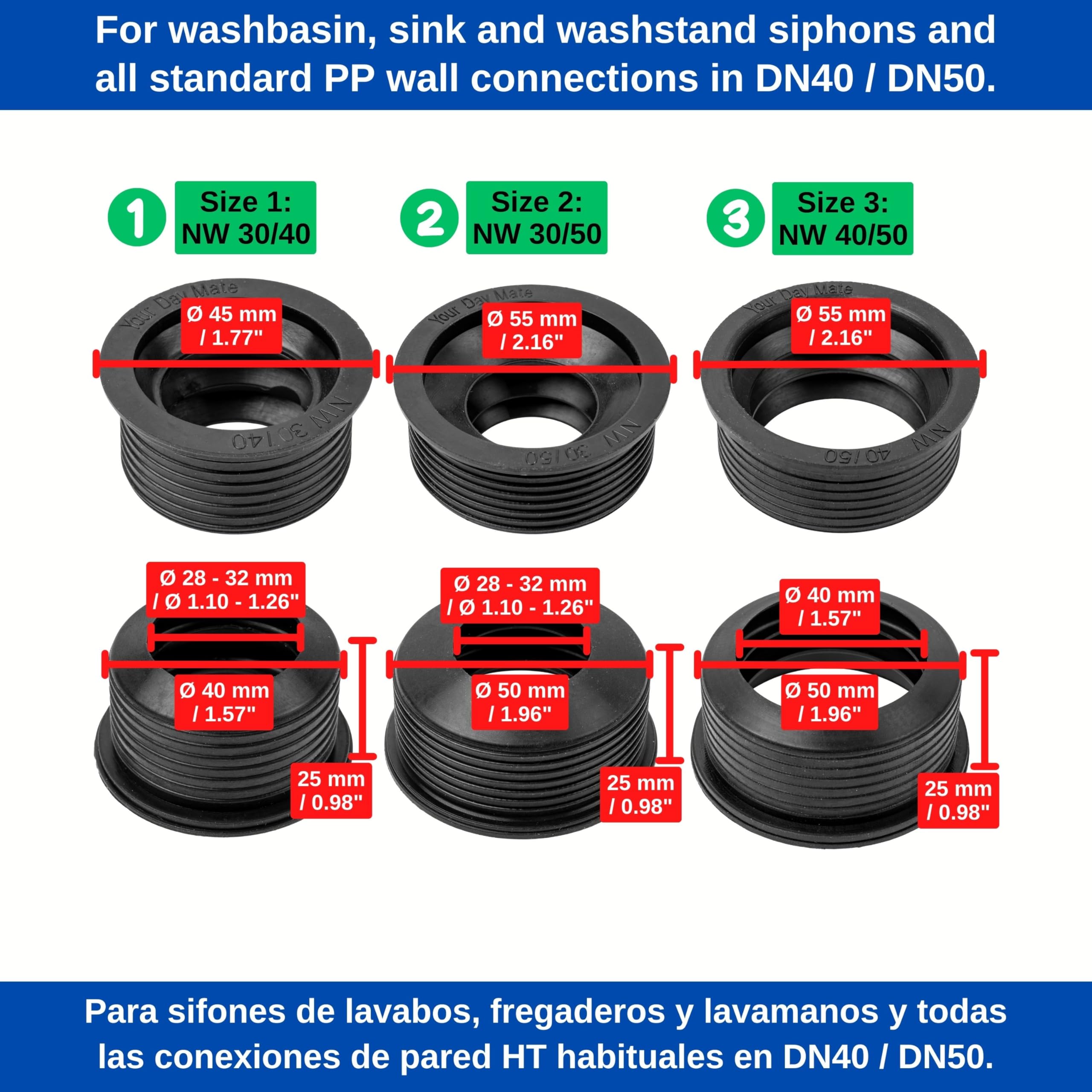 Manicotto Sifone in Gomma, 1 pz, DN 30/40, Per Tubo di Scarico DN40 HT con Ø Interno 40 mm e Tubo Sifone Esterno da 1 1/4" Ø 28-32 mm, Guarnizione Lavello in Gomma Attacco Ø 45 mm Profonda 25 mm