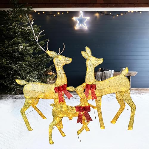 Miniatura 6 de Juego de decoración familiar de renos navideños iluminados en 2D, marco de metal de 3 piezas de 45 pulgadas, decoración al aire libre con estacas de