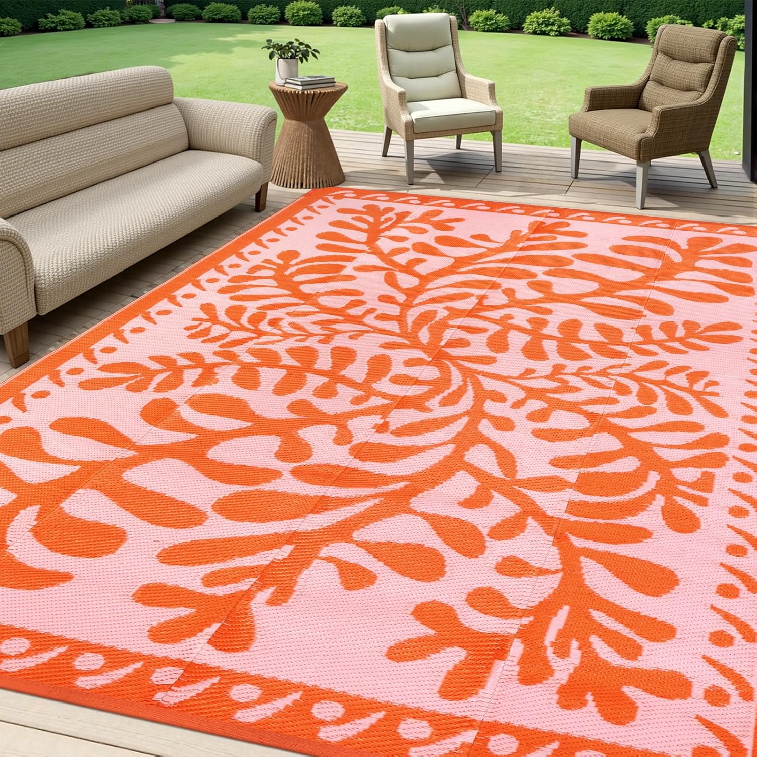 Anidaroel 10 FTx7.7 FT )Outdoor Rug for Patios Clearance, Waterproof Camping Rug for Outside RV, Reversible Plastic Straw Outside Rugs, Large Outdoor Area Rug for Garden, Camper, Pool Deck(Orange)