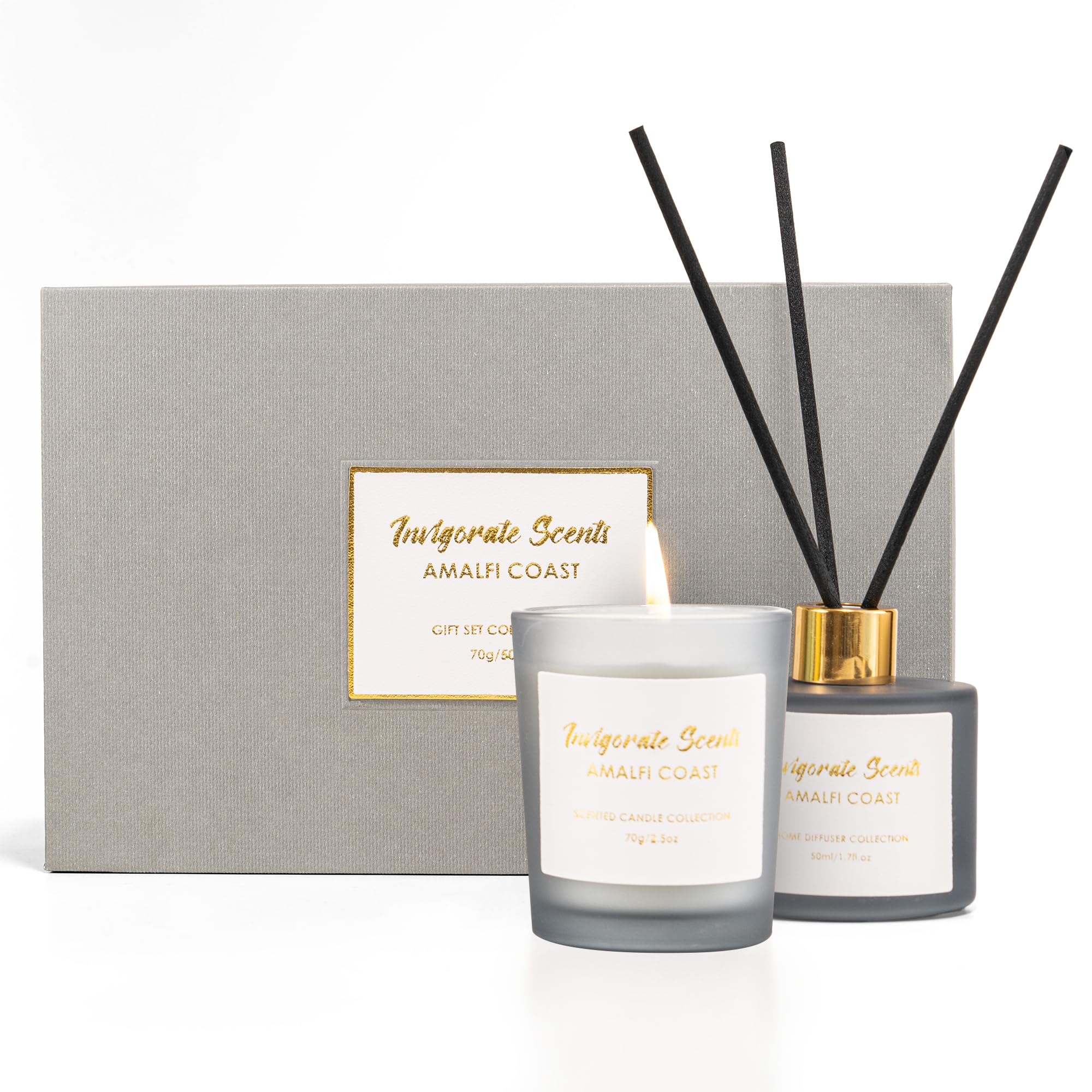 Invigorate Scents Amalfi Coast Candle & Diffuser Gift Set, Candles Gifts for Women, Mothers Day & Birthday Presents, Ladies Gifts for Her, Scented Candles, Aromatherapy Candle Gift Set for Home