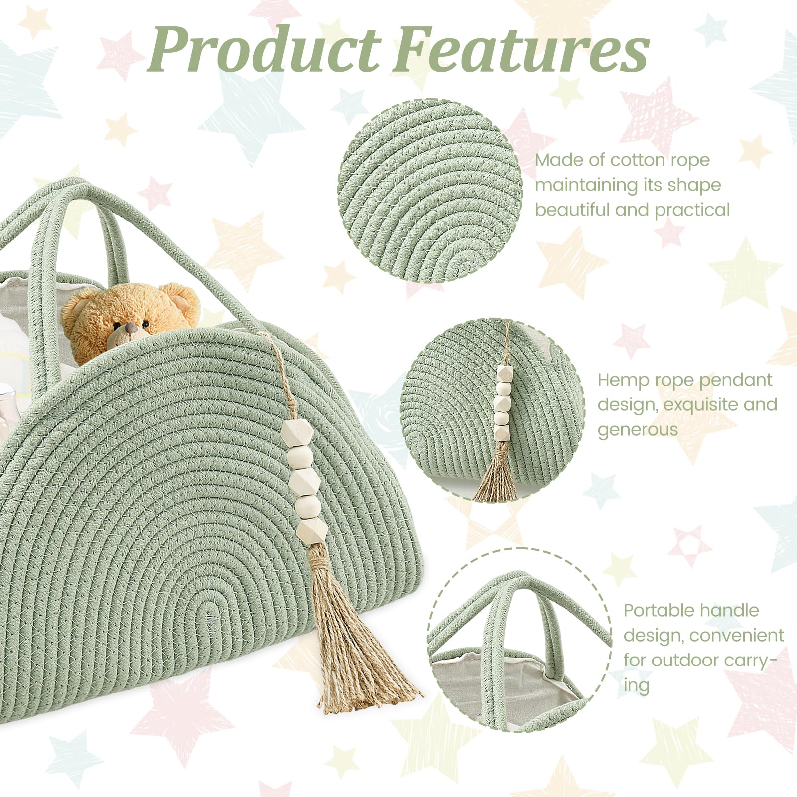 GUIJZSLTRG Baby Nappy Caddy Organiser Arc Design Cotton Rope Woven Diaper Caddy Basket Large Capacity Nursery Storage Basket with Handle Portable Car Diaper Bag - Image 4