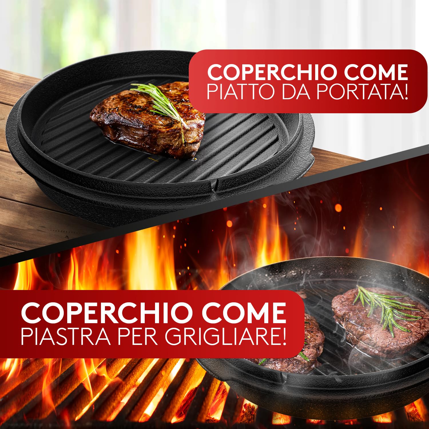 Taste of Fire [L'Originale] - Set Pentola Olandese in Ghisa da 7,4 Litri con Piedini & Coperchio da 1,8 Litri a Doppia Funzione Utilizzabile come Griglia – Include Solleva Coperchio
