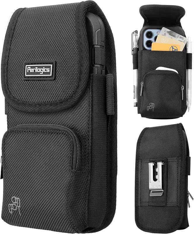 Perilogics Funda para teléfono para hombre, funda para teléfono celular con clip de metal y cierre magnético, soporte para cinturón para teléfono compatible con iPhone 17/16/15/14/13/12 Pro Max/Plus con fundas, L-Negro