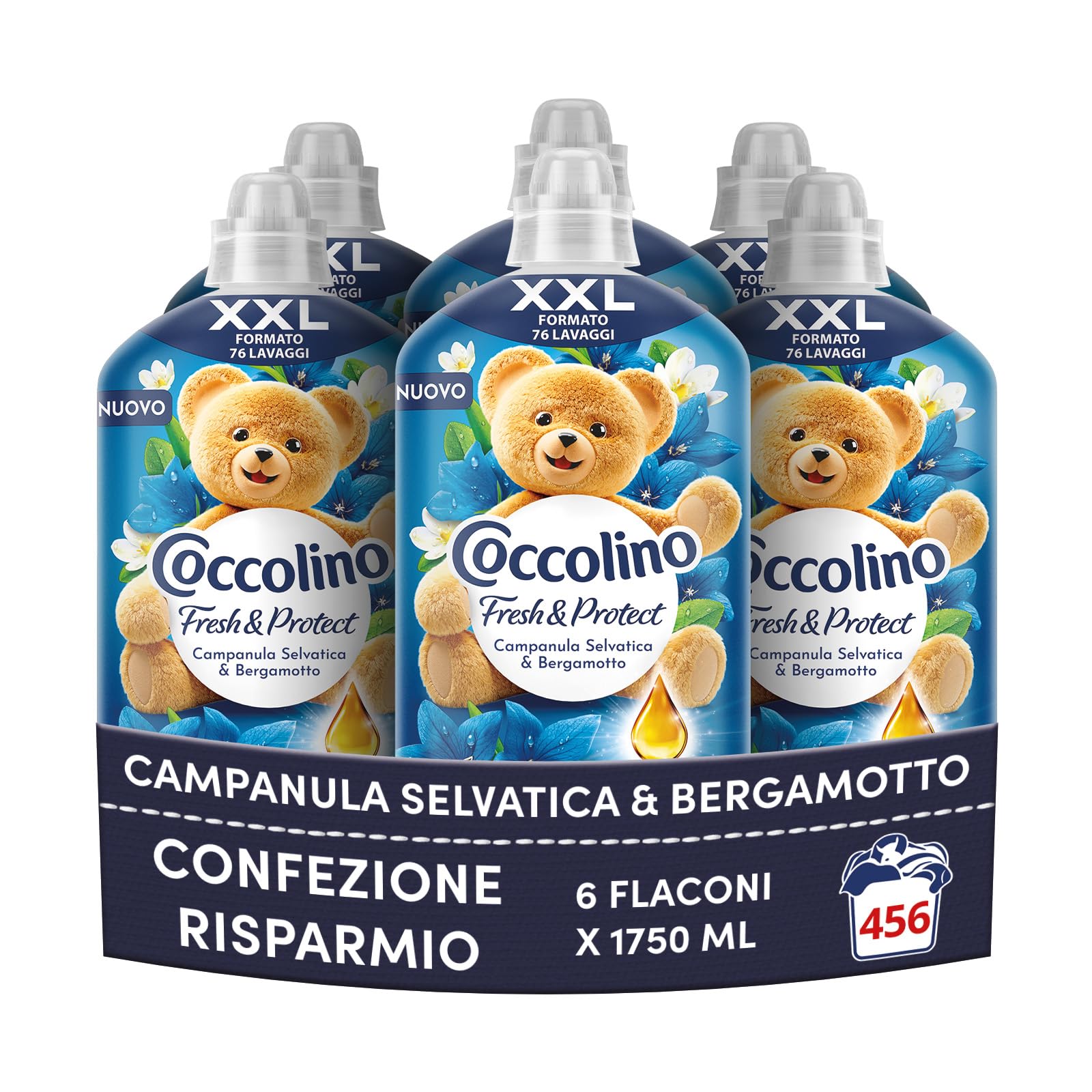 Coccolino Weichspülerkonzentrat Wilde Glockenblume und Bergamotte, Weichspüler Intense Care mit Pro-Faser-Technologie, XXL-Format 456 Waschgänge, 6 Stück à 1750 ml
