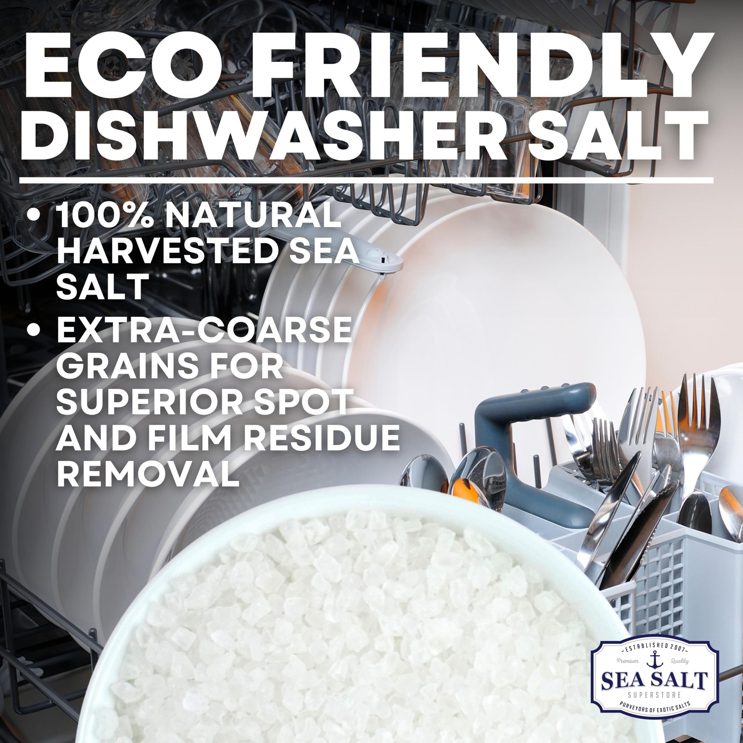 Sea Salt Superstore Lavavajillas - Suavizante de agua totalmente natural para un acabado limpio - Compatible con lavavajillas Bosch, Miele, Thermador, Whirlpool y más - Grueso de grado alimenticio | Sal marina gruesa de grado alimenticio compatible con la