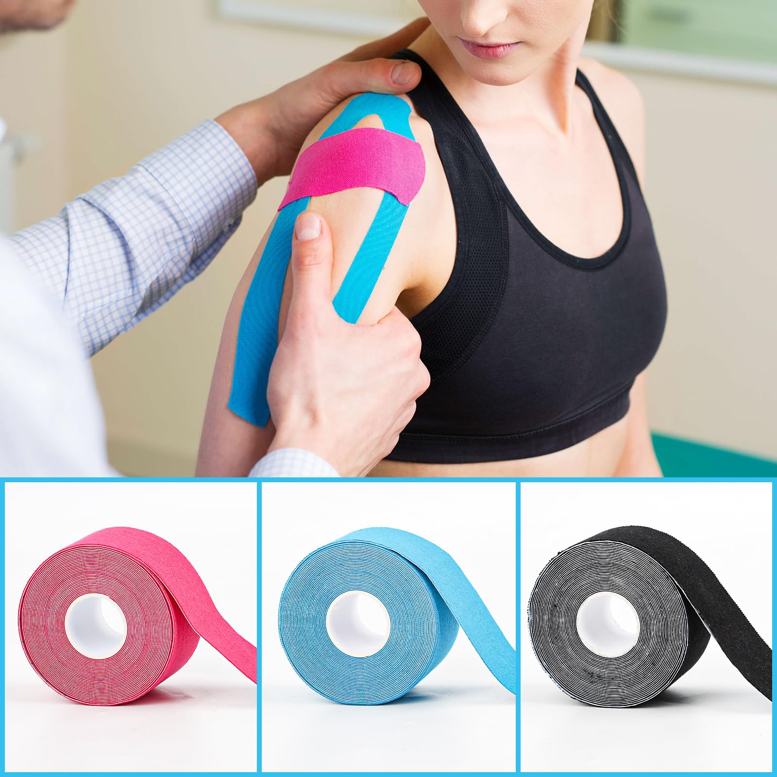 Kinesio Tape 3 Rotoli 5m X 3.8cm - Nastro Kinesiologico Elastico E Impermeabile Per Muscoli E Articolazioni