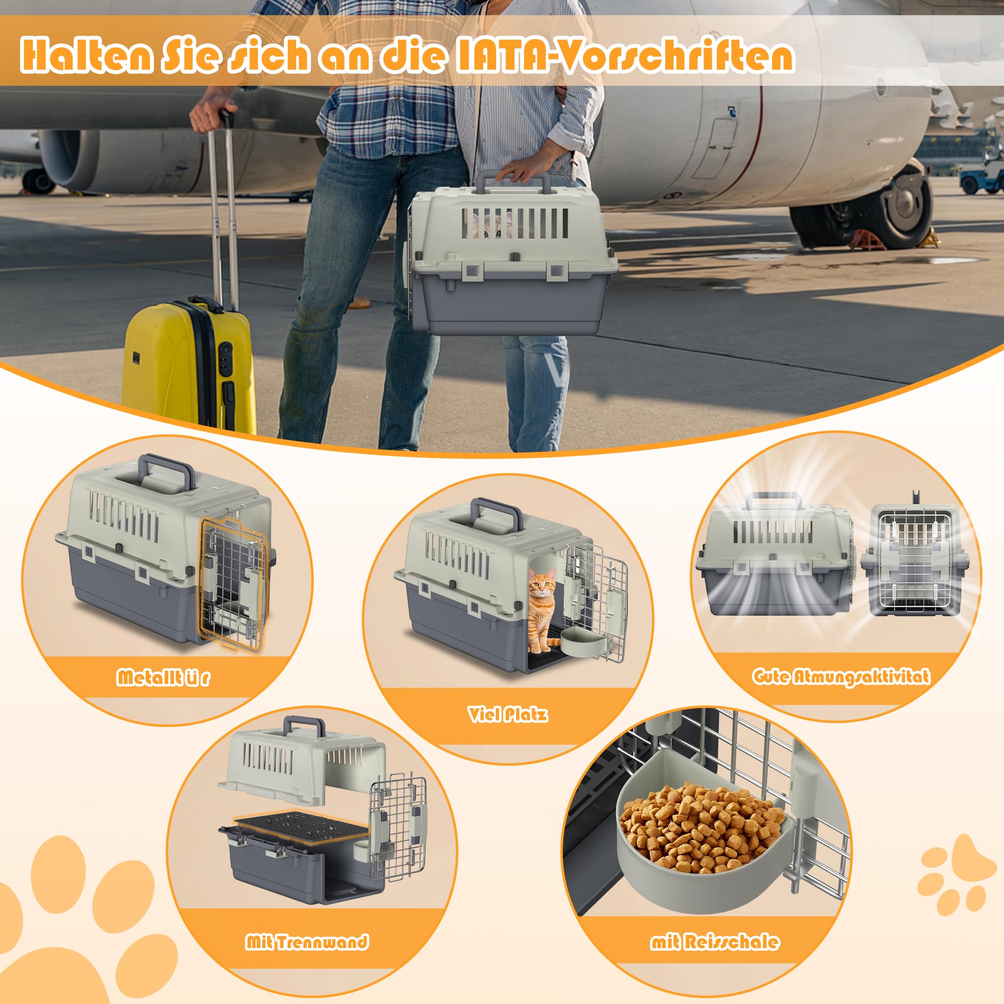 FIVMEN Boîte de transport pour chat - 60 x 39,5 x 44 cm - Avec fenêtres en plastique et portes en fer - Caisse de transport pour animaux de compagnie, avion, voiture, voyage et transport