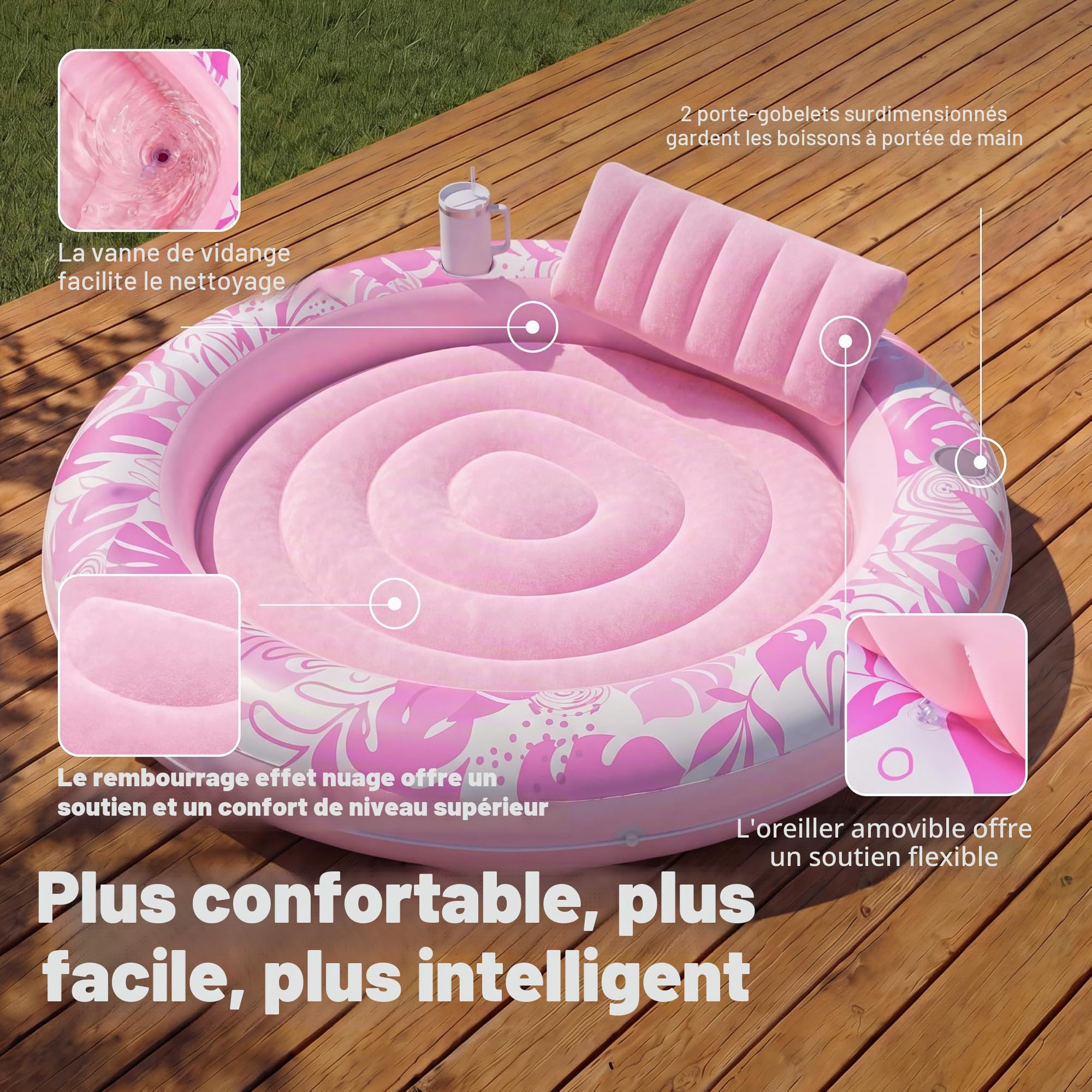 SLOOSH Flotteur de Piscine Gonflable de 182,9 x 165,1 cm pour Adulte avec Oreiller, Grand Radeau Flottant en Tissu de Luxe pour Bronzage, Bain de Soleil, Salon pour Piscine à balles, Cadeaux de fête